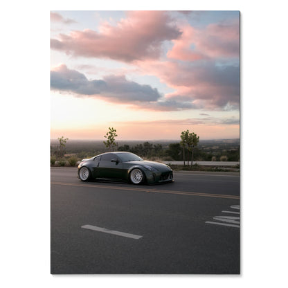 Nissan 350Z parked on road at sunset with pink clouds, poster wall art in vertical format.