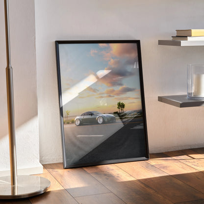 Nissan 350z car poster with sunset sky, sleek silver sports car, modern wall art in black frame.