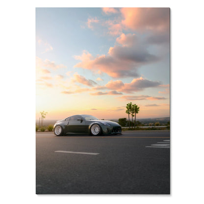 Nissan 350z on road at sunset with pink clouds poster wall art.