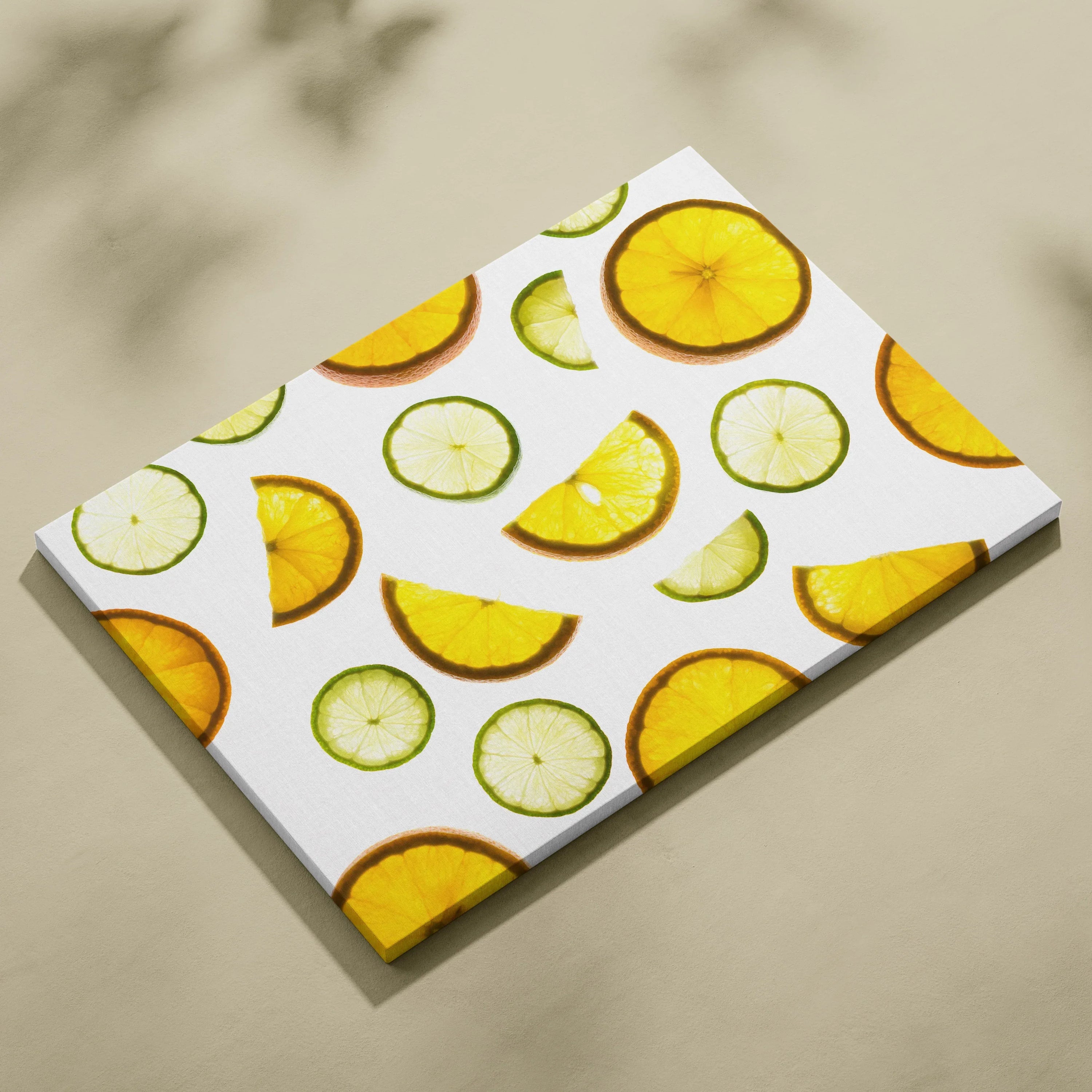 Canvas wall art featuring vibrant yellow lemon and green lime slices on a white background.