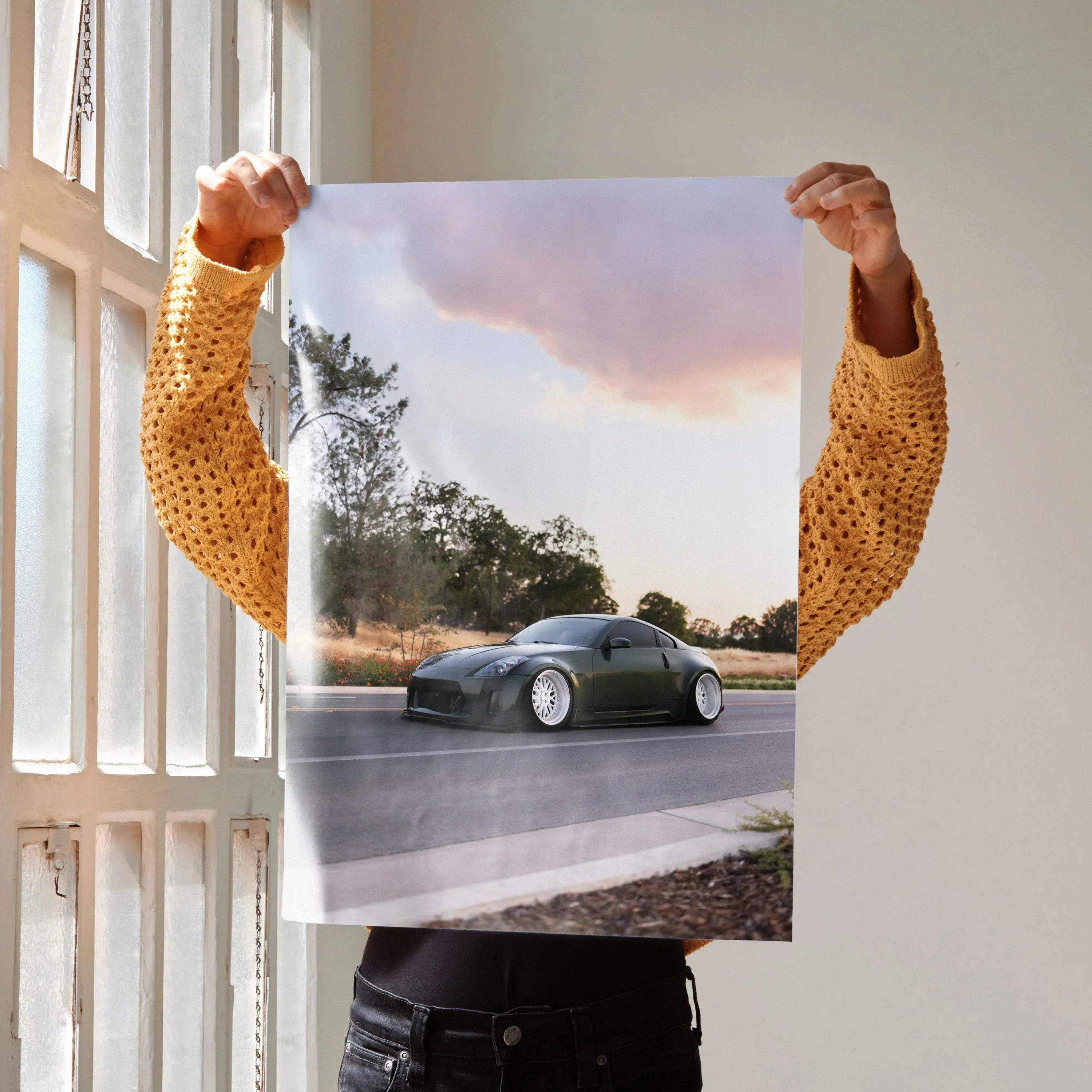 Nissan 350z high resolution poster showing black sports car on scenic road at sunset wall art.