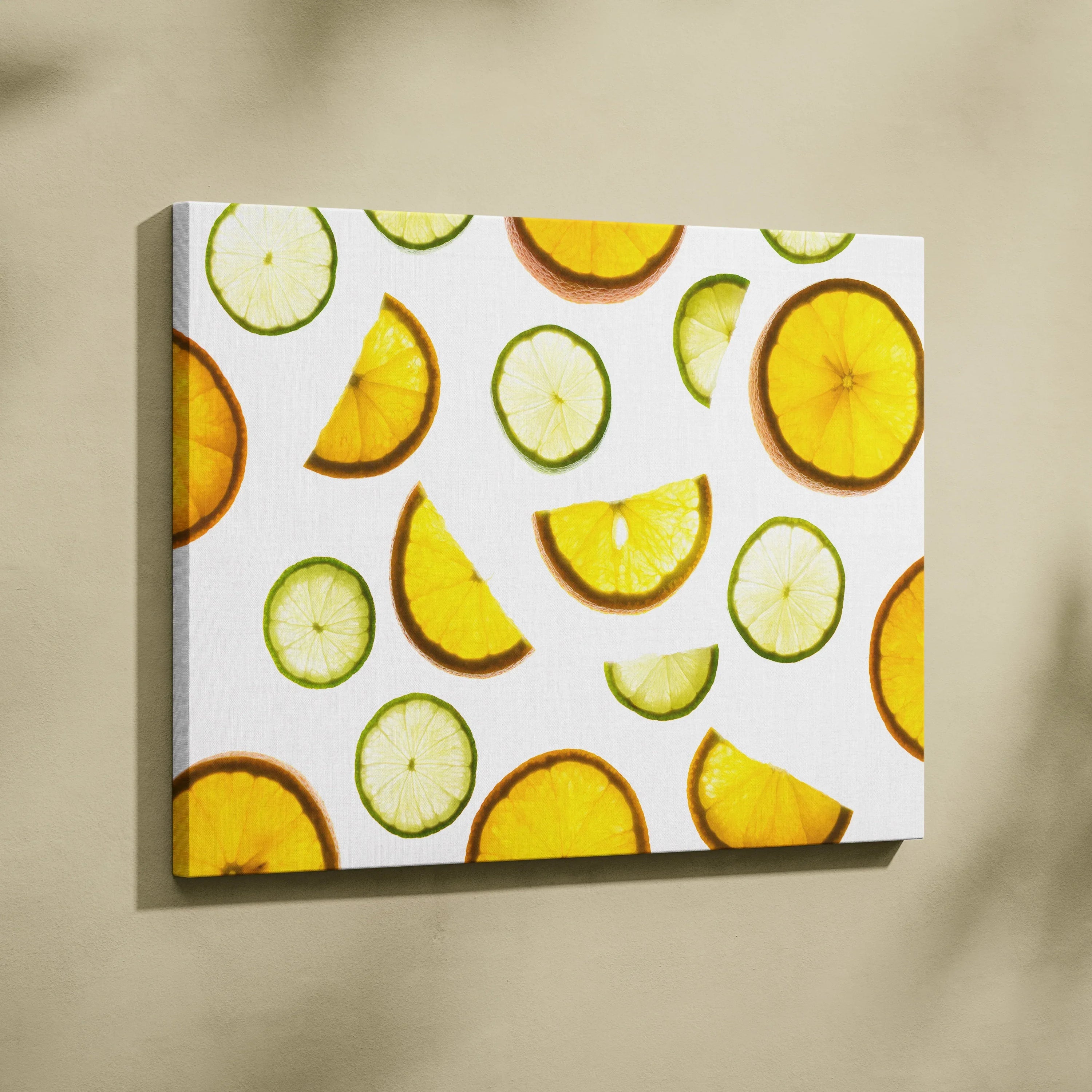 Canvas wall art featuring vibrant yellow lemon and green lime slices on white background for kitchen decor.