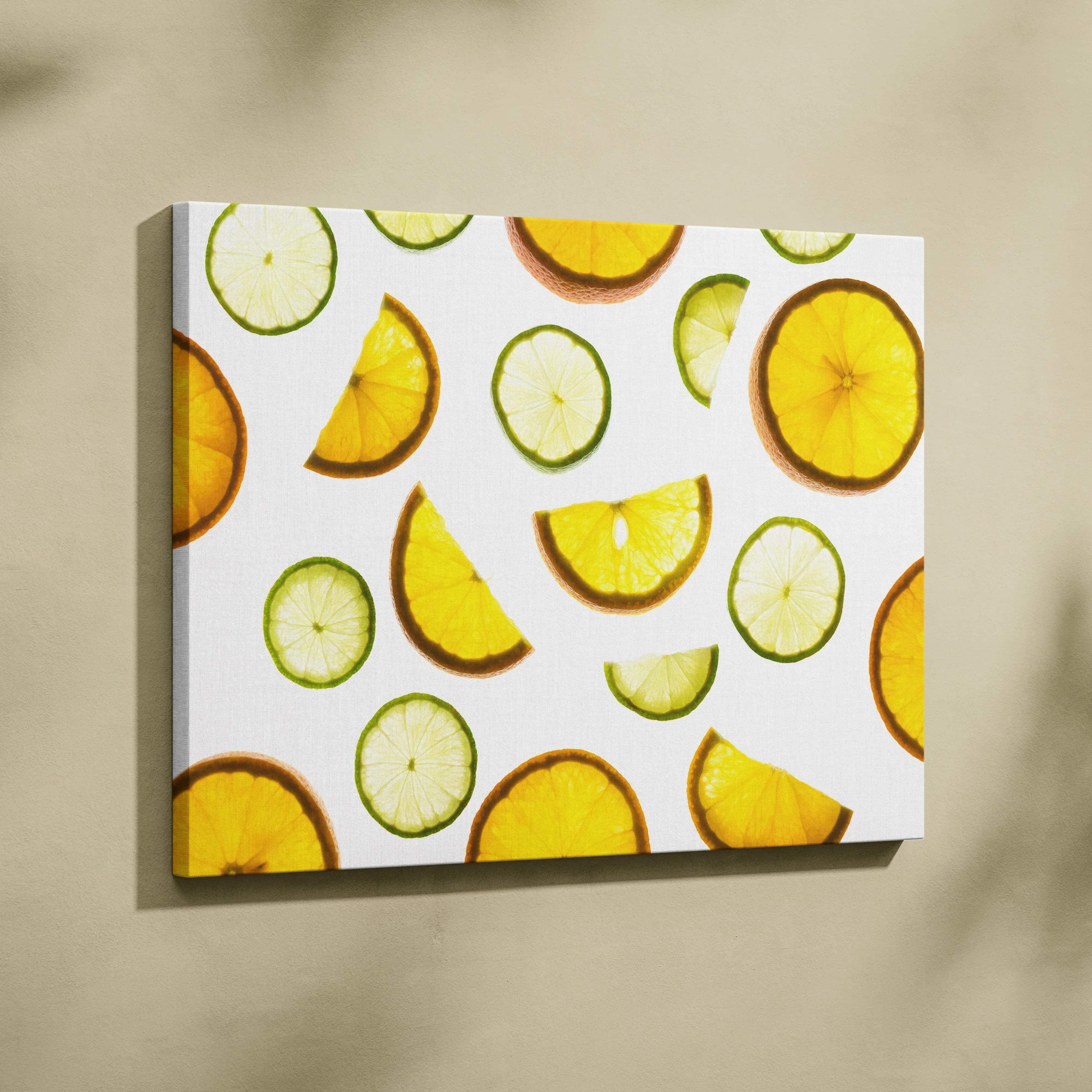 Vibrant lemons and limes citrus pattern canvas wall art with bright yellow and green sliced fruit on white background