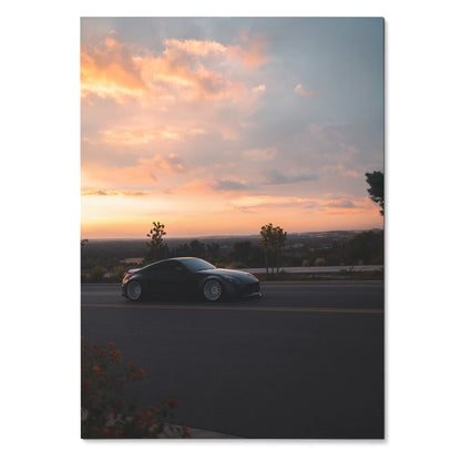 Nissan 350z silhouette at sunset on road automotive poster wall art.