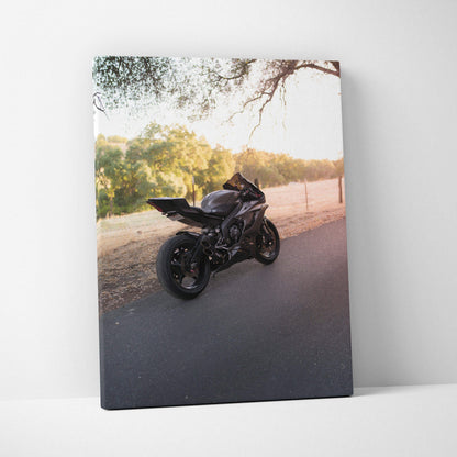 Yamaha R6 motorcycle parked on road at sunset high-resolution vertical canvas art wall decor.