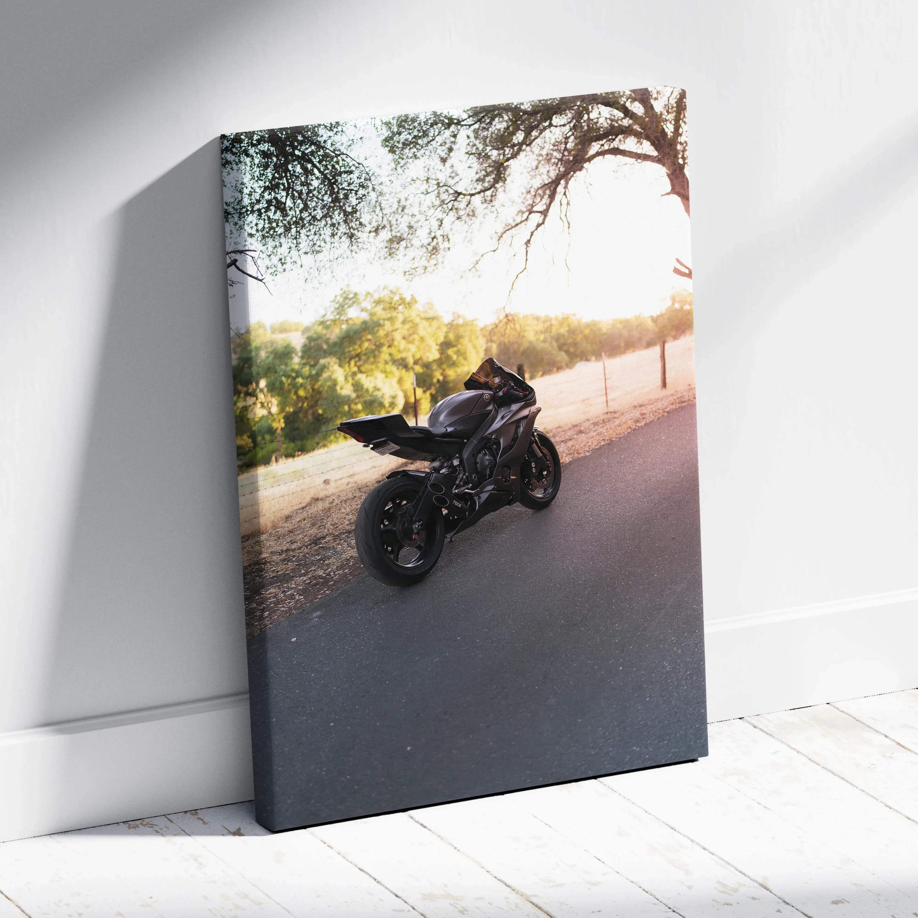 Yamaha R6 motorcycle on road with trees sunset background vertical canvas wall art.