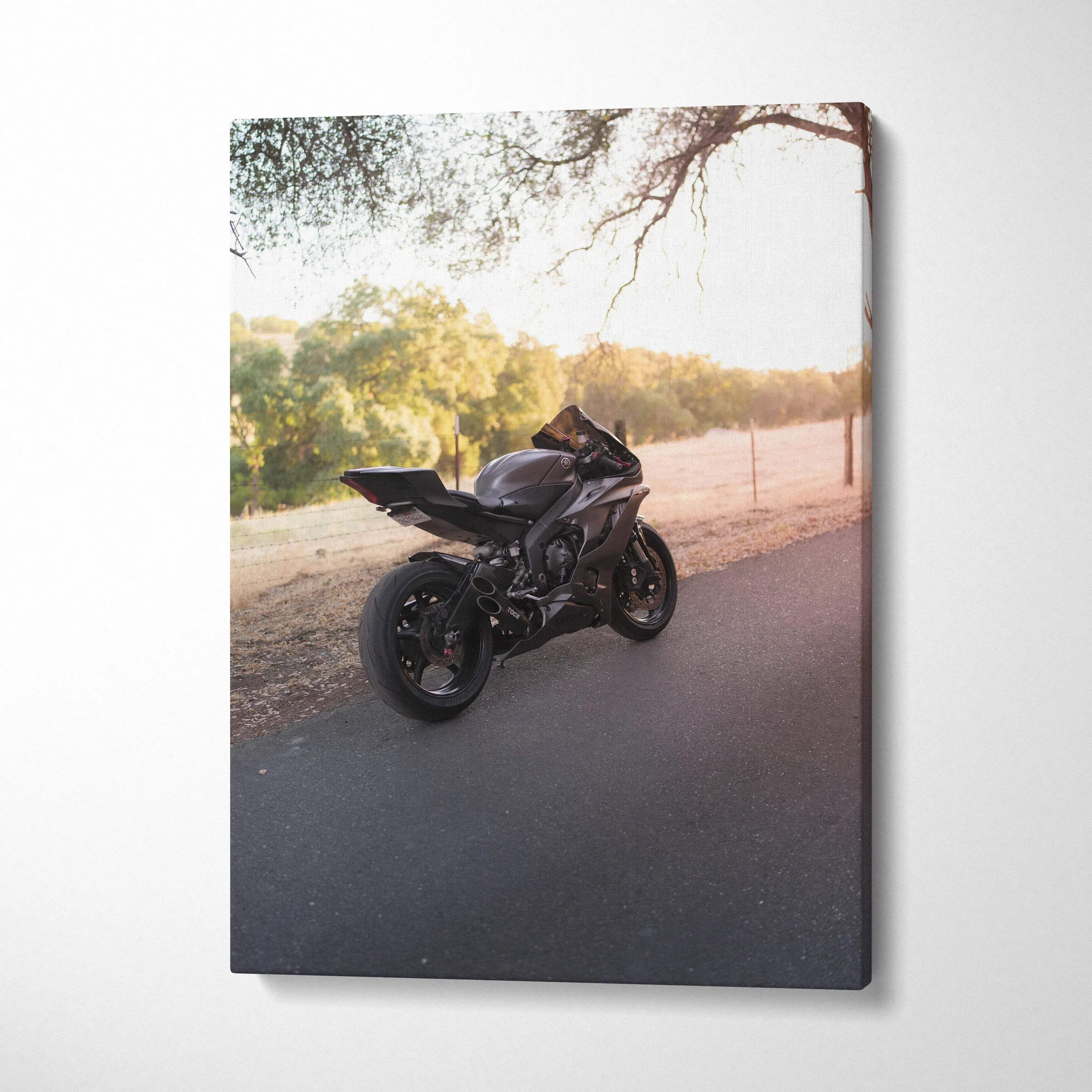 Yamaha R6 motorcycle on road at sunset vertical canvas wall art print.