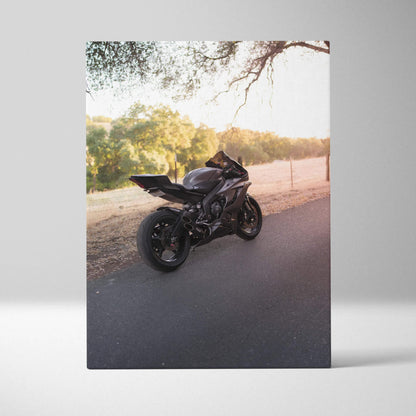 Yamaha R6 motorcycle parked on road with trees in background vertical canvas art wall decor.