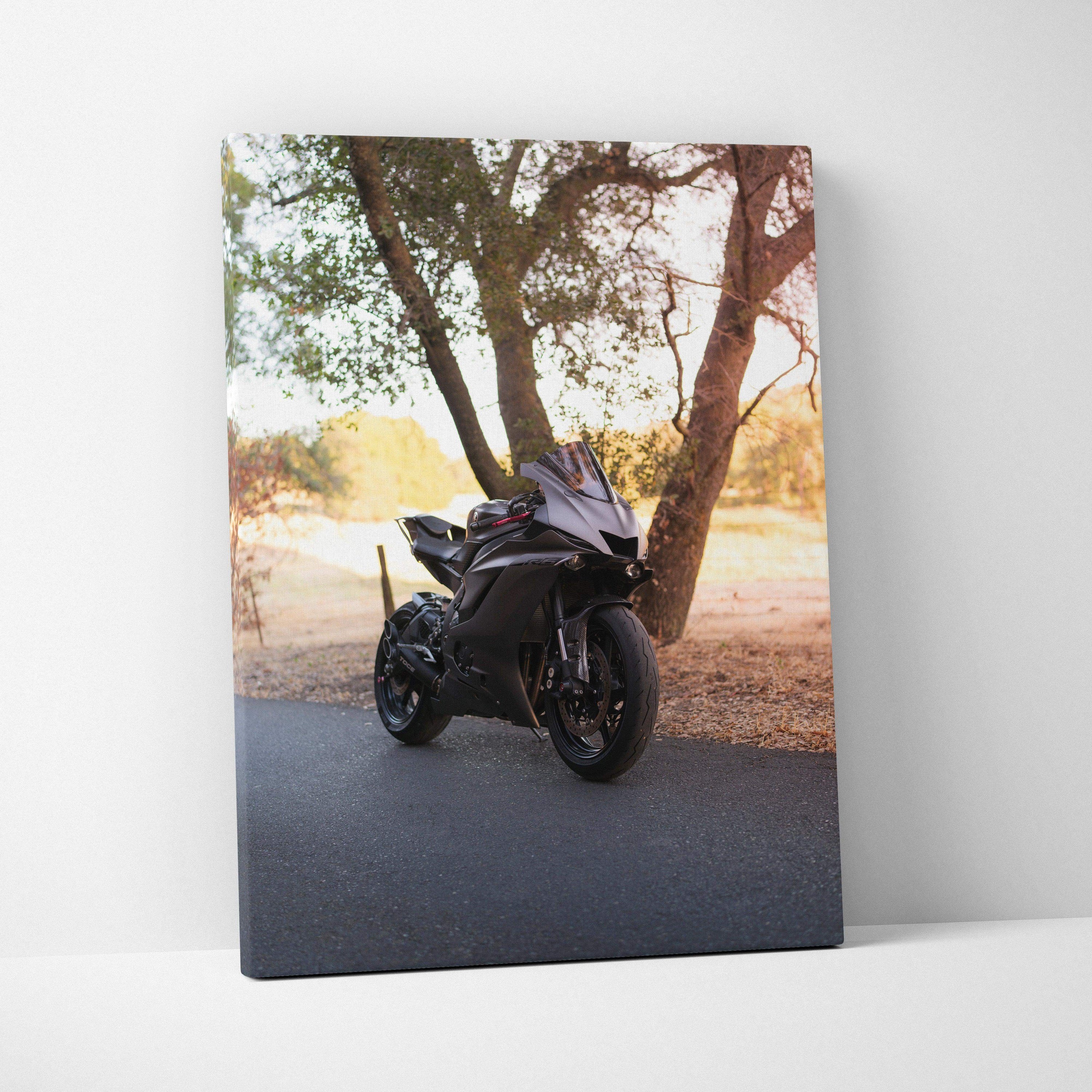 Yamaha R6 motorcycle canvas art with outdoor scenic background vertical wall art.