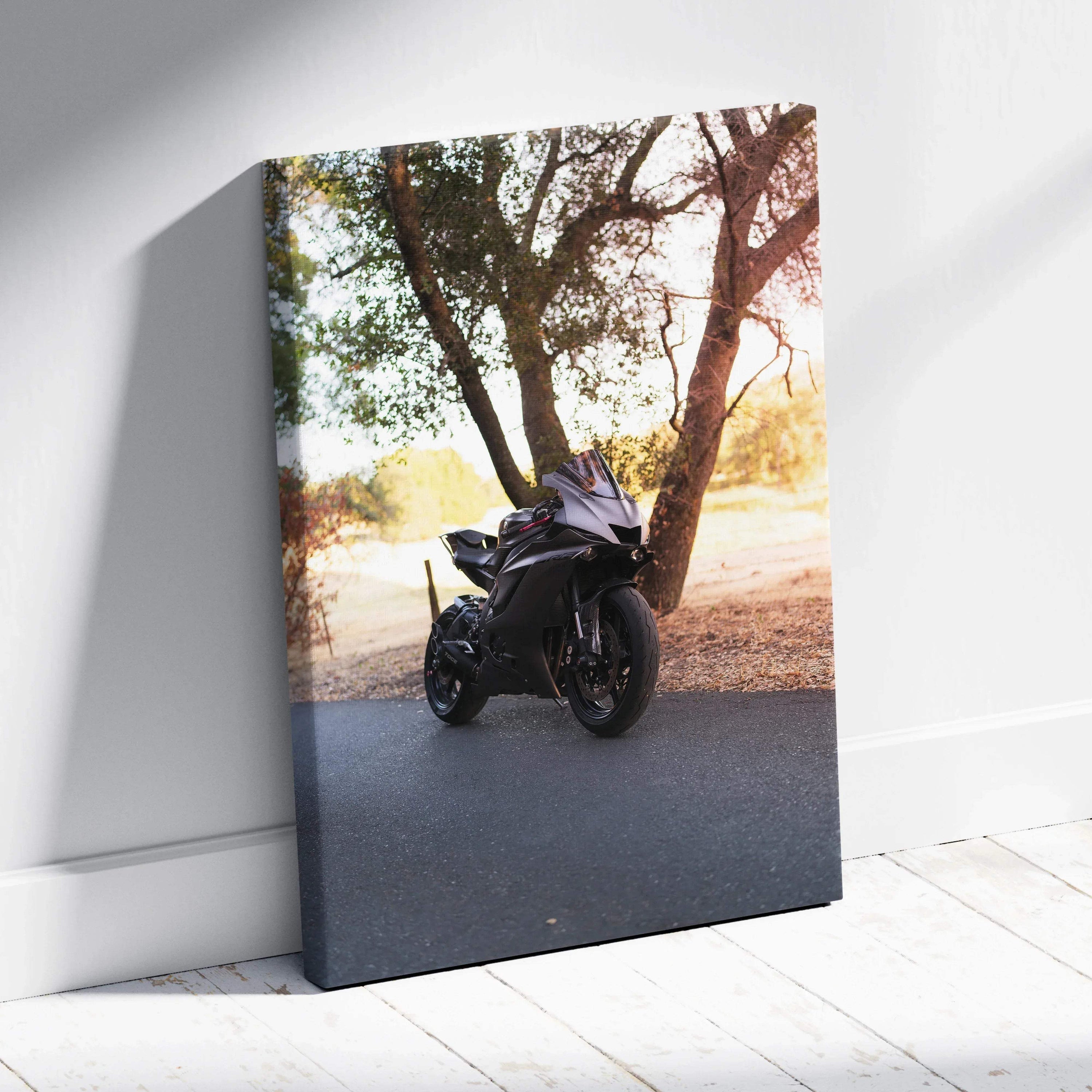 Yamaha R6 motorcycle parked under tree printed on vertical canvas wall art with natural light background.