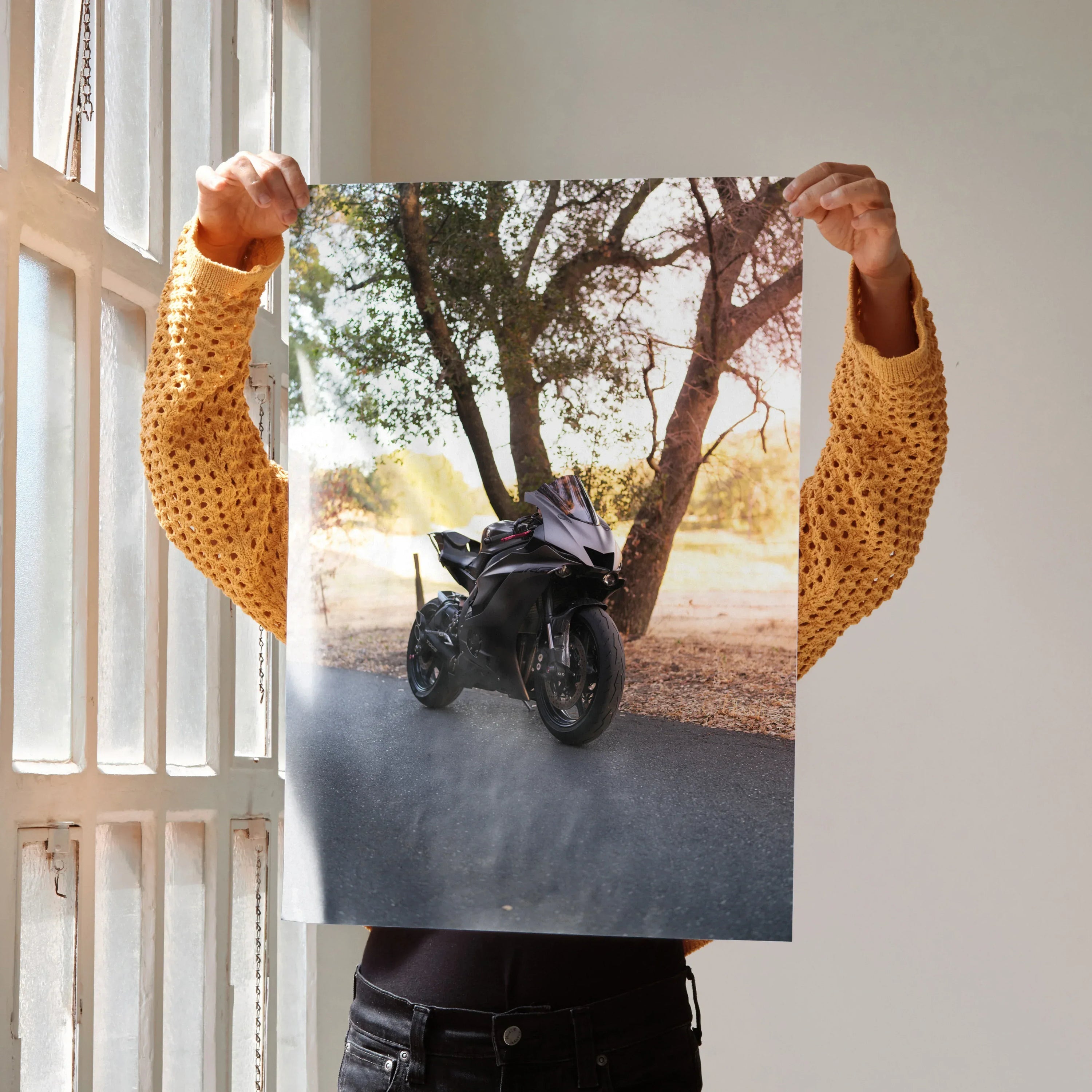 Yamaha R6 motorcycle parked under tree with sunlight poster wall art.