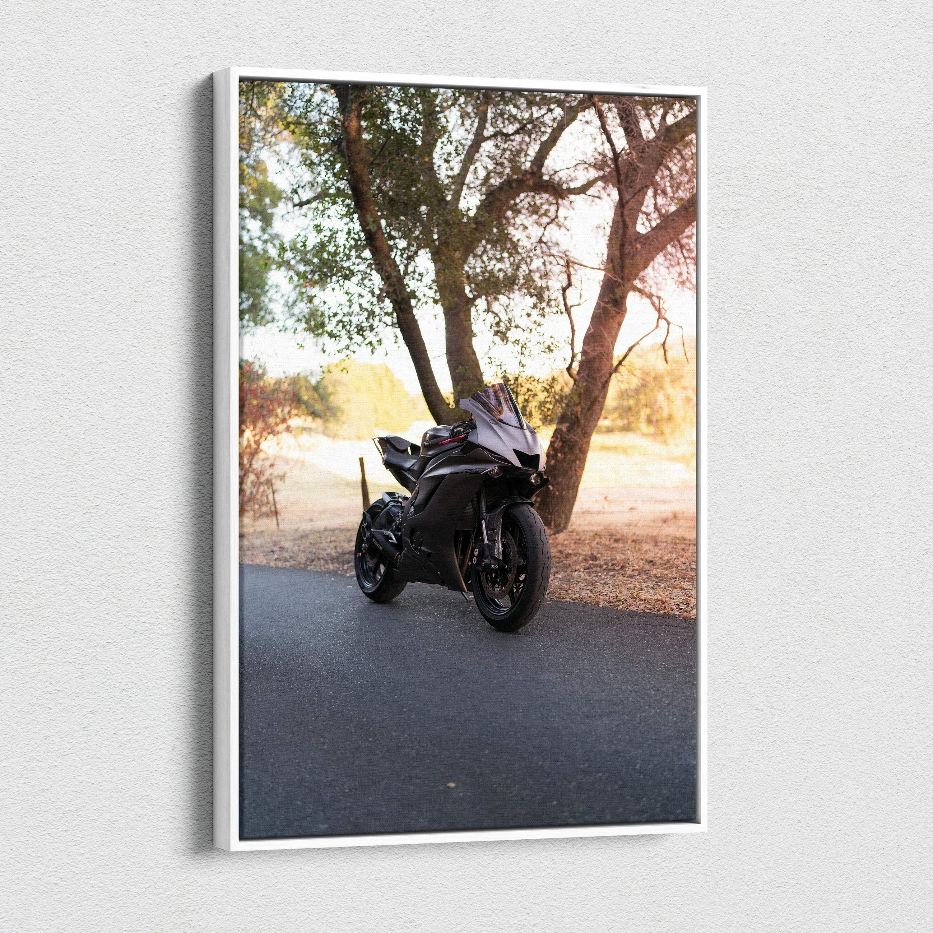 Yamaha R6 motorcycle canvas art with sunset background and trees, vertical wall art print.