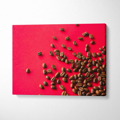 Canvas wall art featuring high-resolution coffee beans scattered on vibrant red background for home decor.
