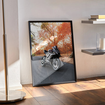 Yamaha R6 motorcycle poster with autumn trees background in black frame wall art.