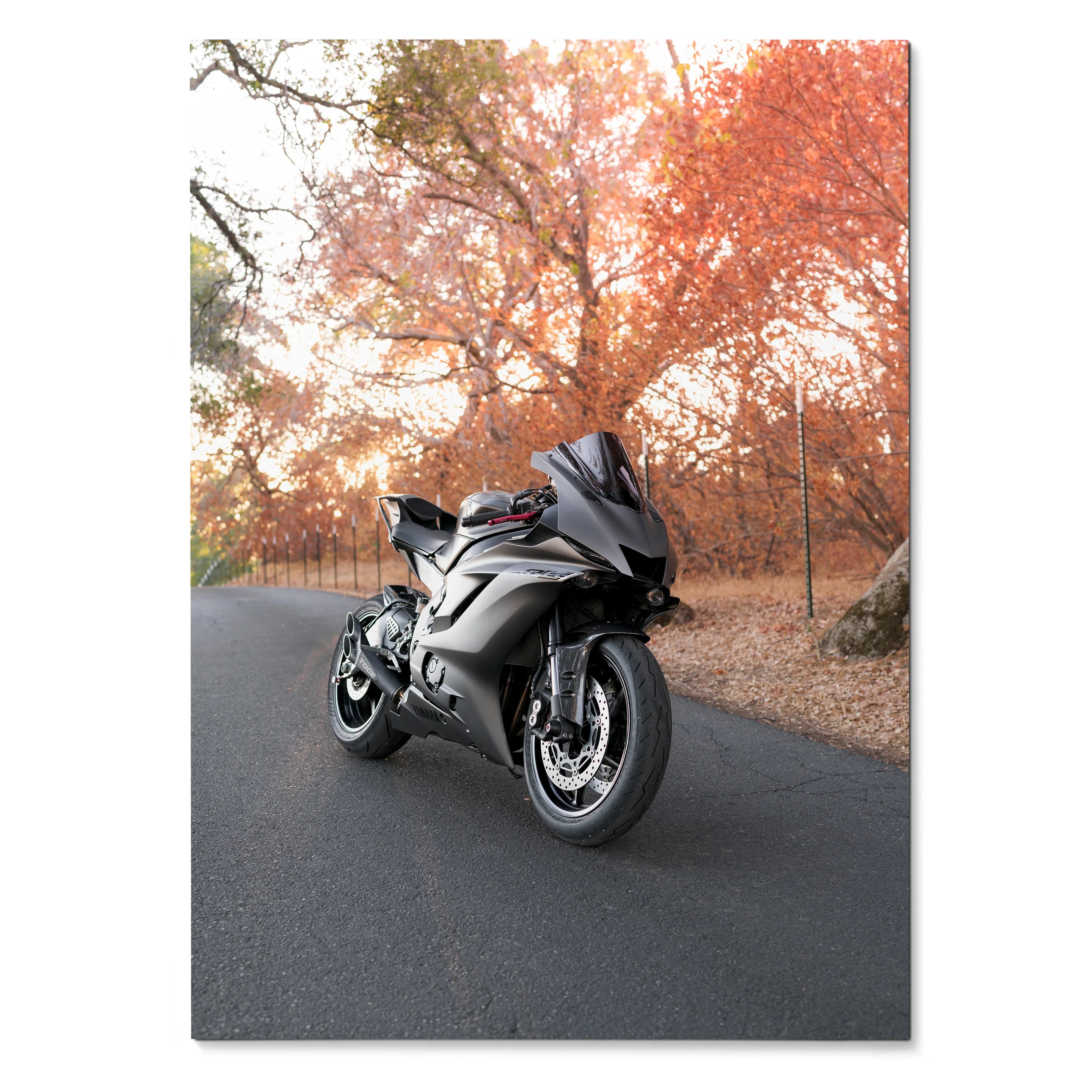 Yamaha R6 motorcycle on road with autumn trees background poster wall art.