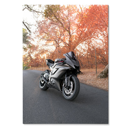 Yamaha R6 motorcycle on road with autumn trees background poster wall art.