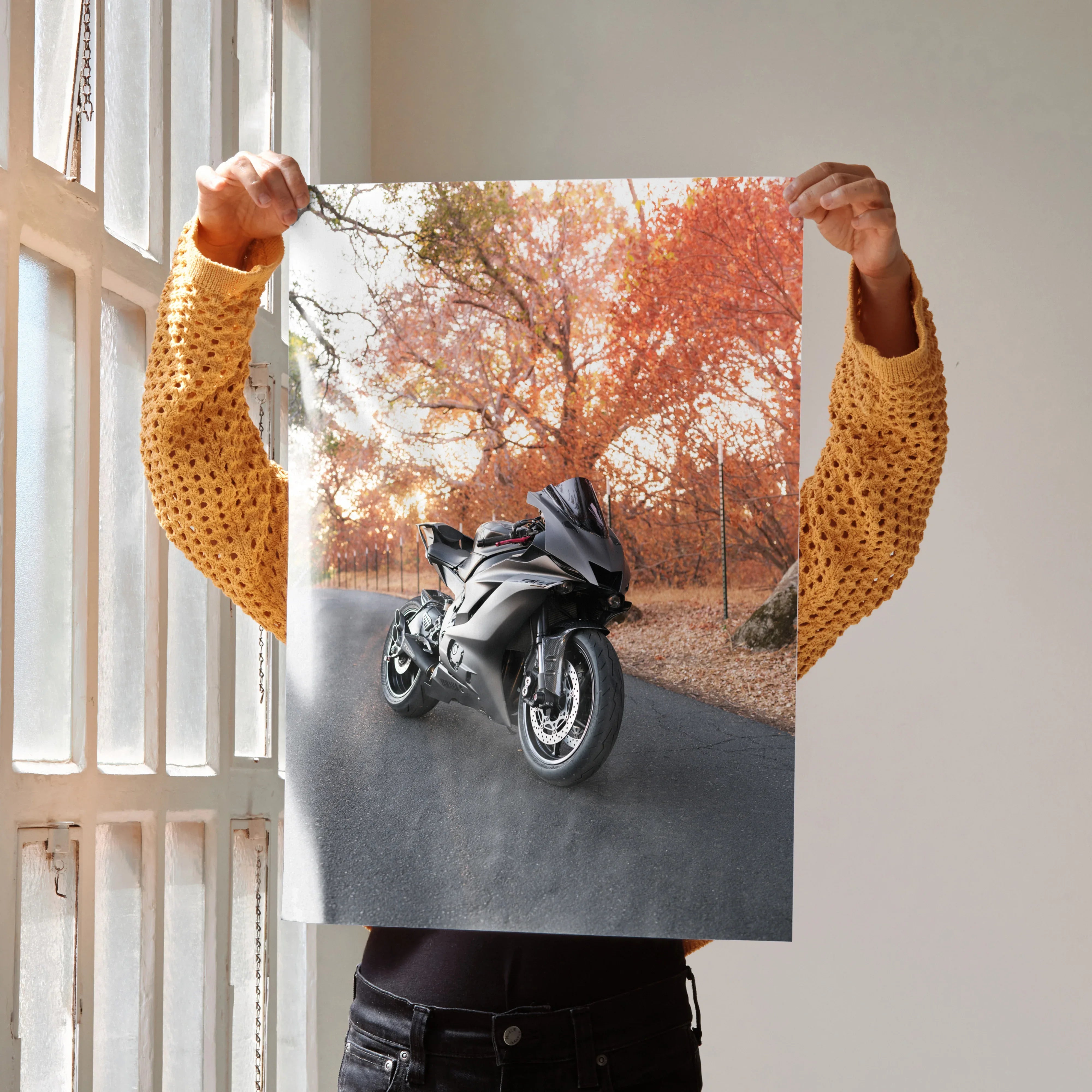 Yamaha R6 motorcycle poster with black bike on autumn road wall art.