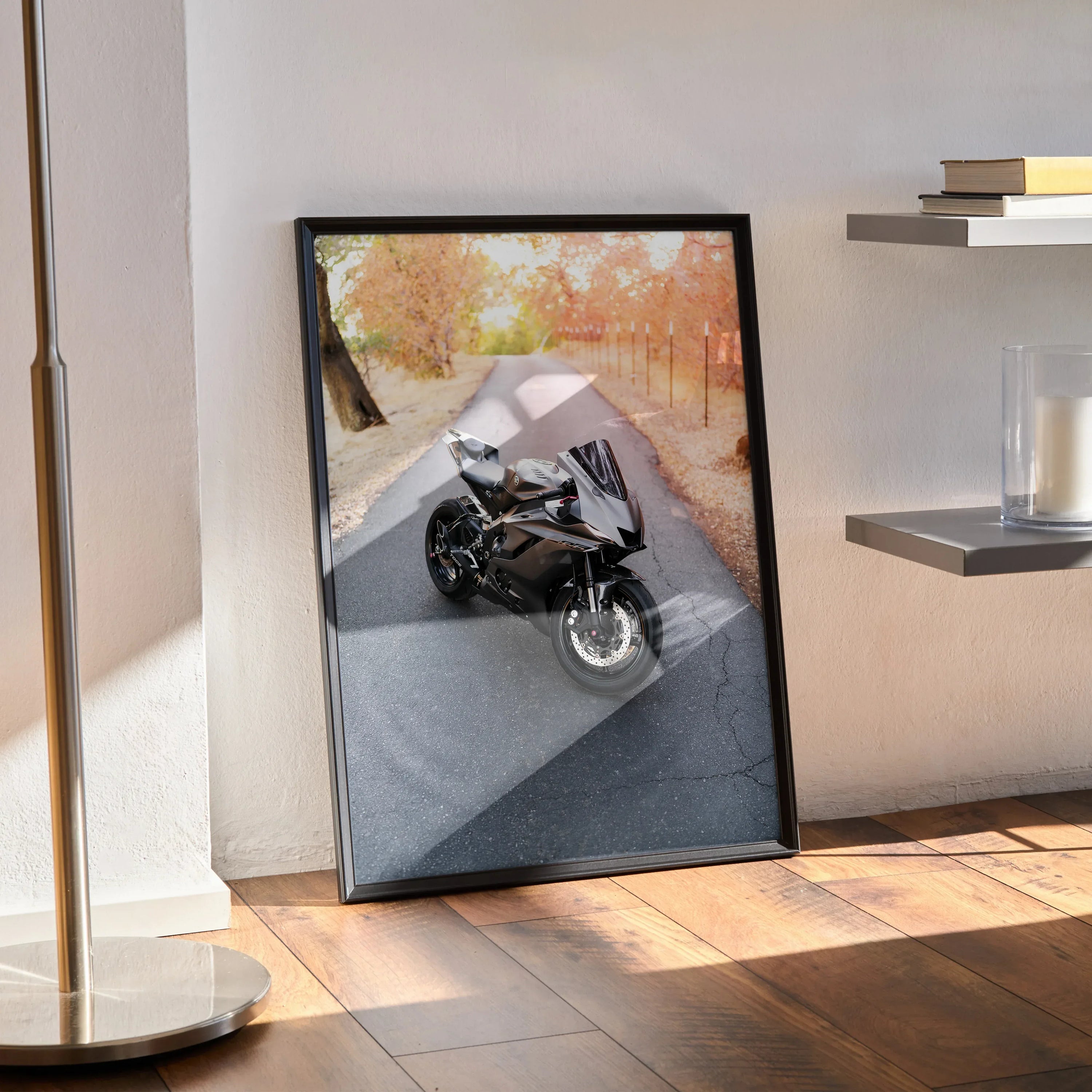 Yamaha R6 motorcycle poster wall art with autumn road scene in black frame.