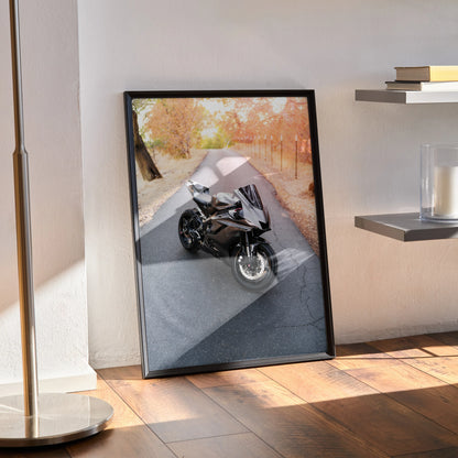 Yamaha R6 motorcycle poster wall art with autumn road scene in black frame.