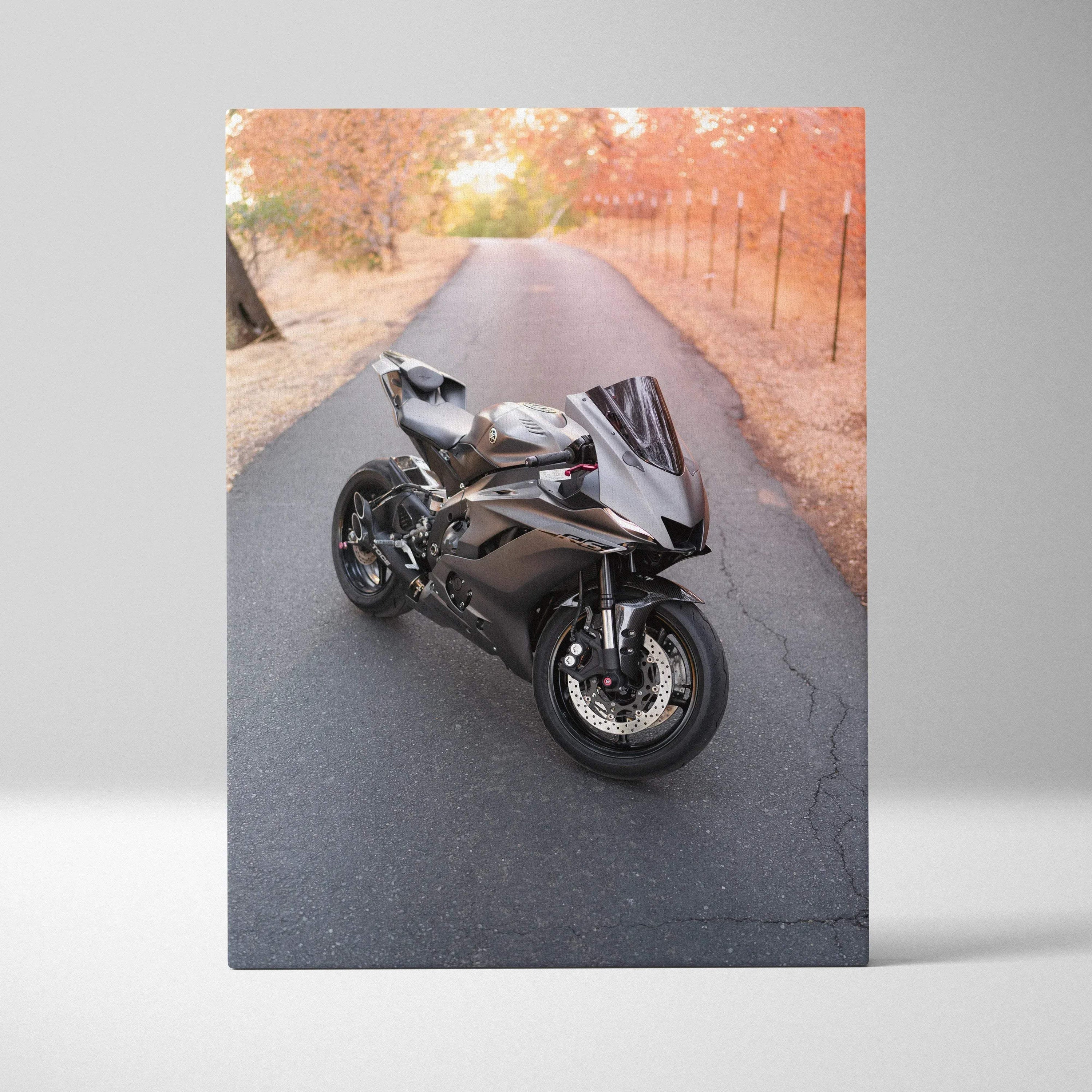 Black Yamaha R6 motorcycle on autumn road vertical canvas wall art print.