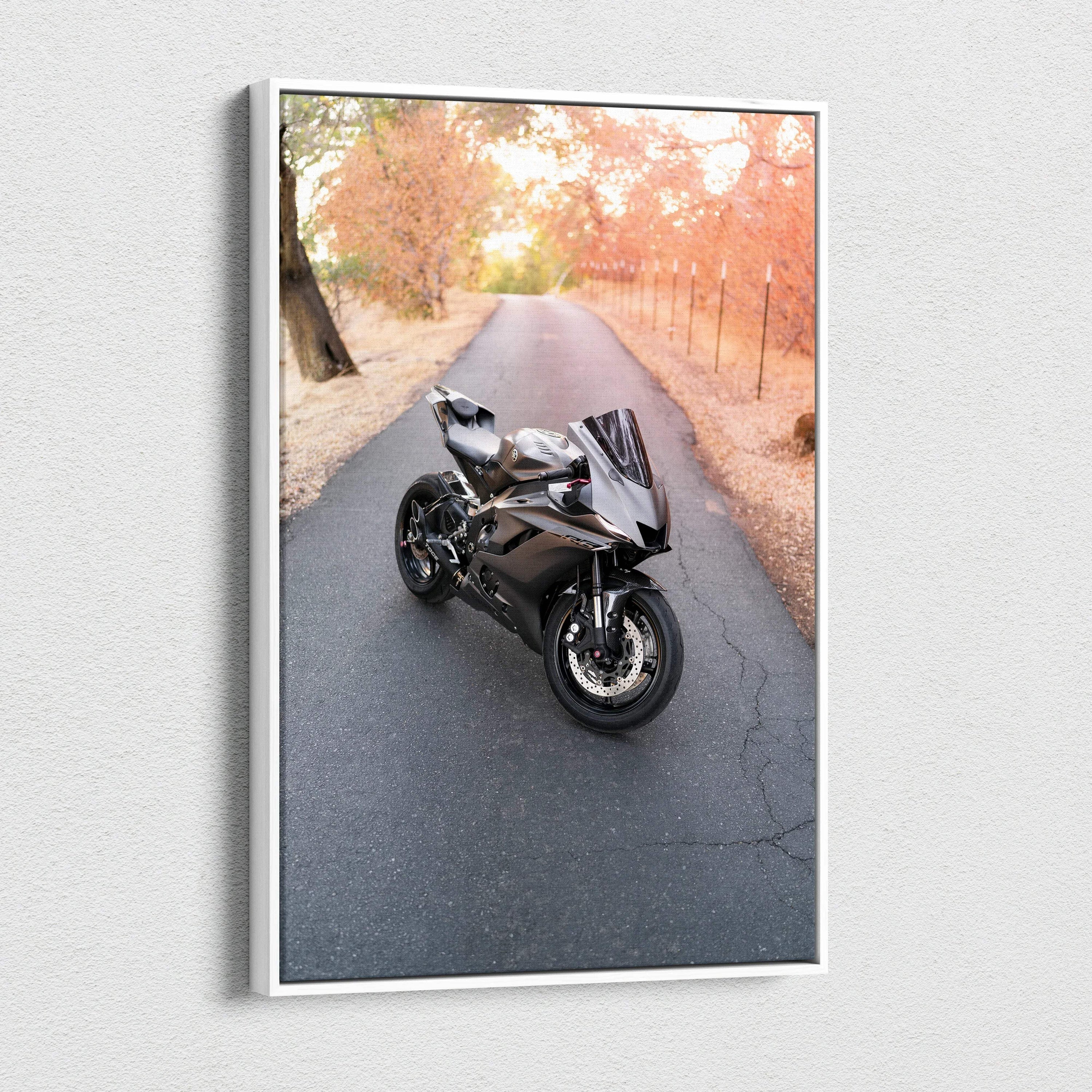 Yamaha R6 motorcycle on autumn road canvas art with warm fall colors wall art.