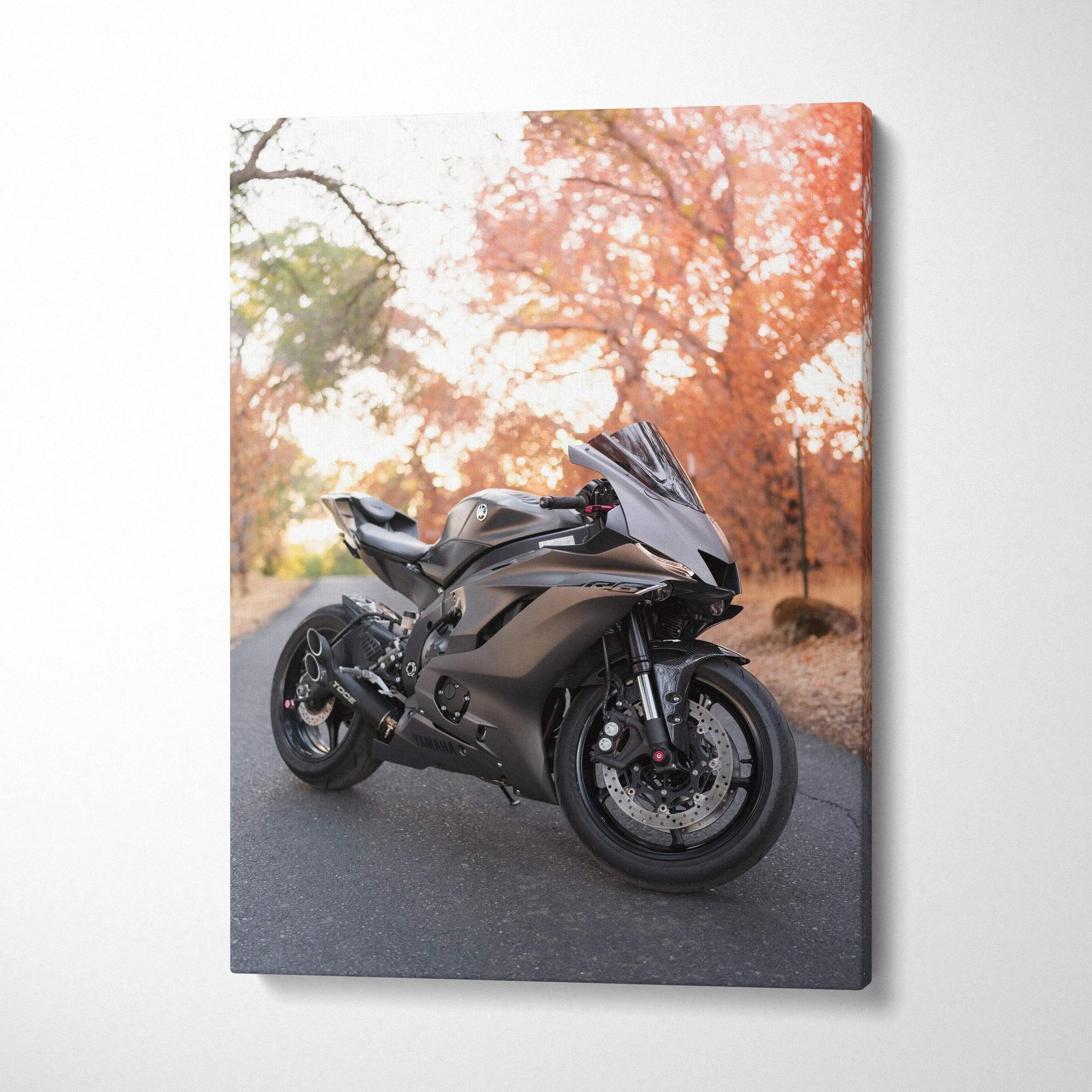Yamaha R6 motorcycle canvas art with autumn trees background vertical wall art print.
