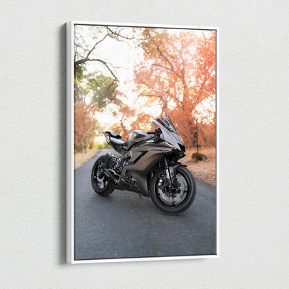 Yamaha R6 motorcycle on road with autumn trees canvas wall art vertical print.
