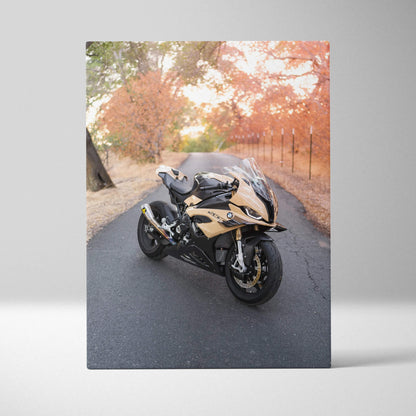BMW S1000RR motorcycle on autumn road canvas wall art with vivid fall colors.