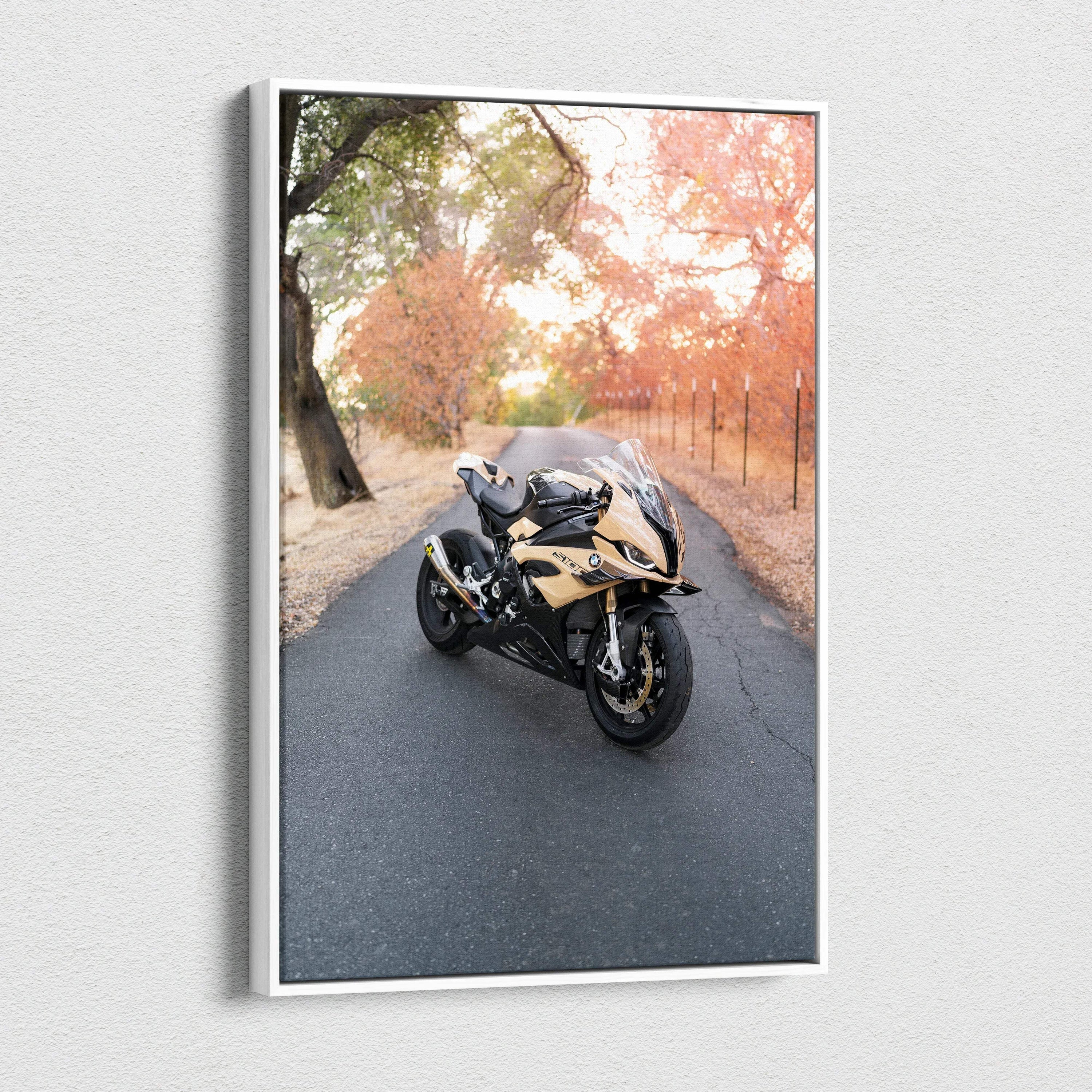 BMW S1000RR motorcycle on autumn road vertical canvas wall art with autumn trees background.