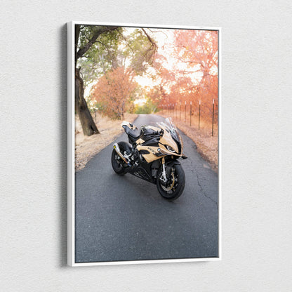 BMW S1000RR motorcycle on autumn road vertical canvas wall art with autumn trees background.
