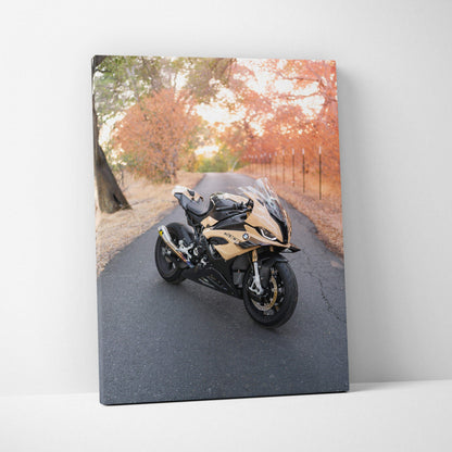 BMW S1000RR motorcycle on autumn road printed on vertical canvas wall art.