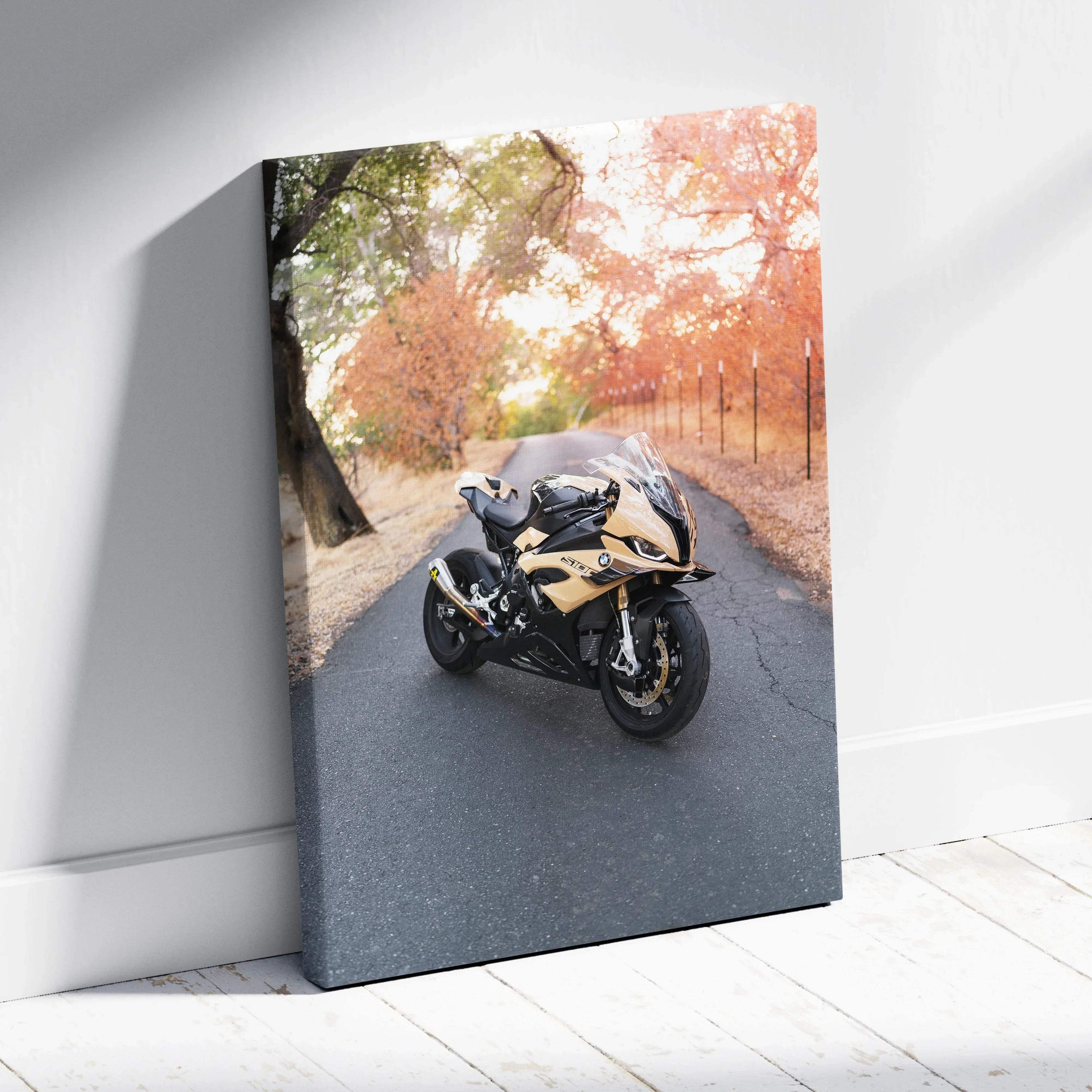 BMW S1000RR motorcycle detailed close-up on canvas wall art with autumn trees background.