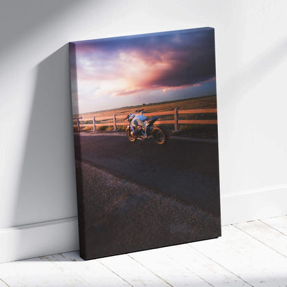 BMW R Nine T motorcycle canvas art with sunset sky, vertical wall art print.
