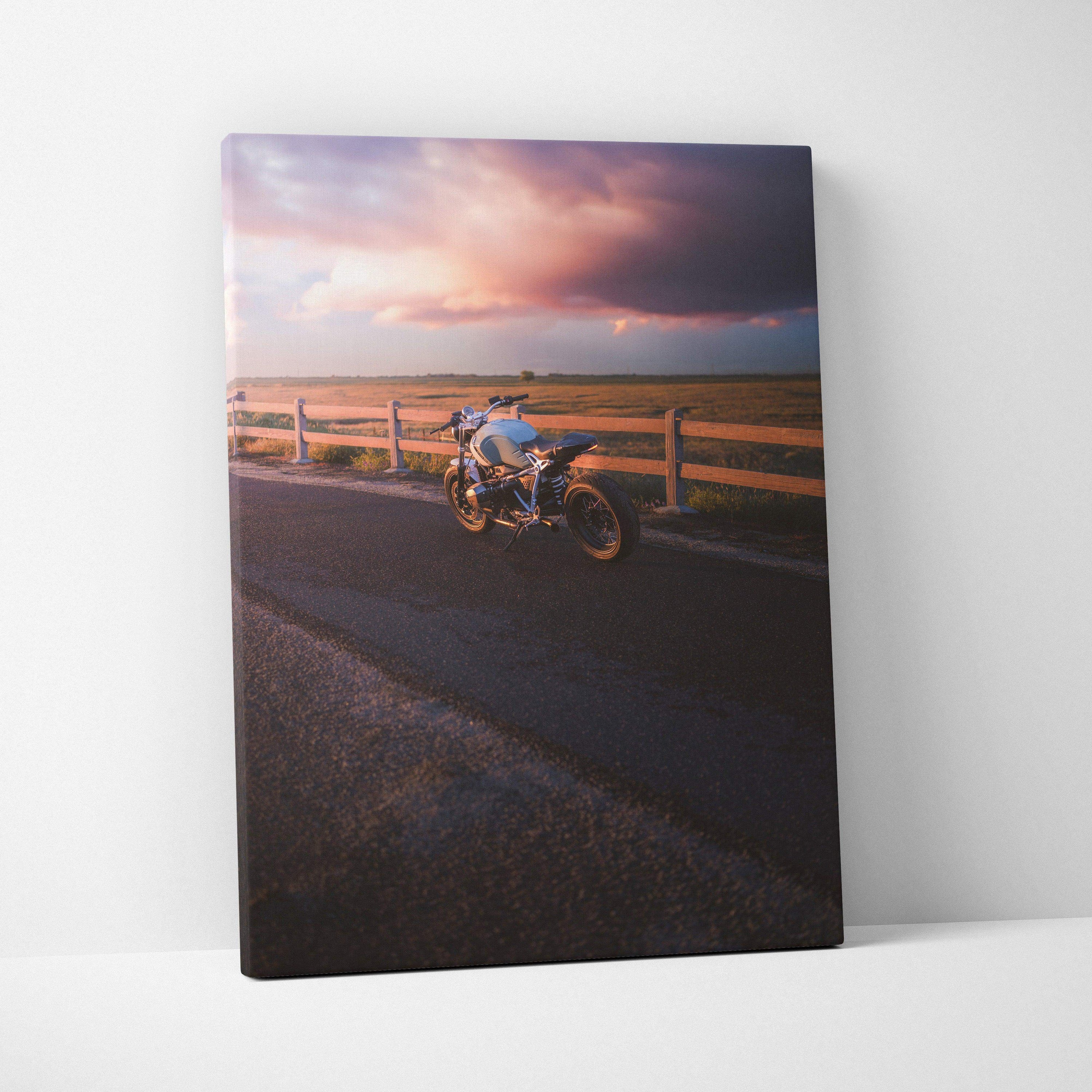 BMW R Nine T motorcycle on road during sunset vertical canvas wall art print.