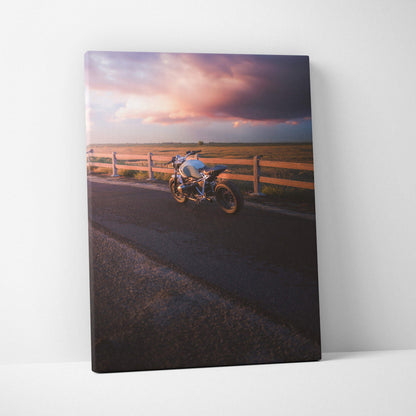 BMW R Nine T motorcycle on road during sunset vertical canvas wall art print.