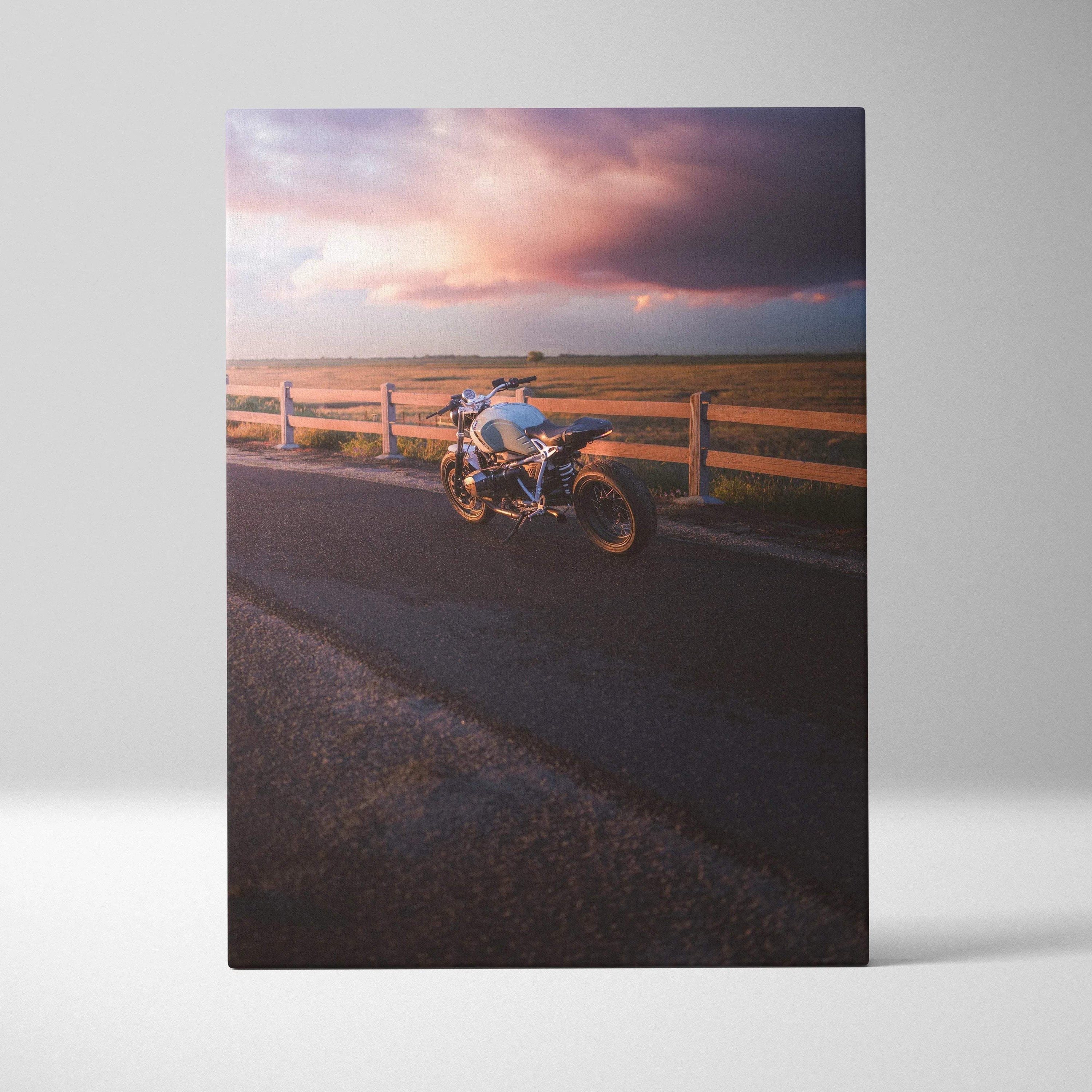 BMW R Nine T motorcycle parked by wooden fence at sunset canvas wall art.