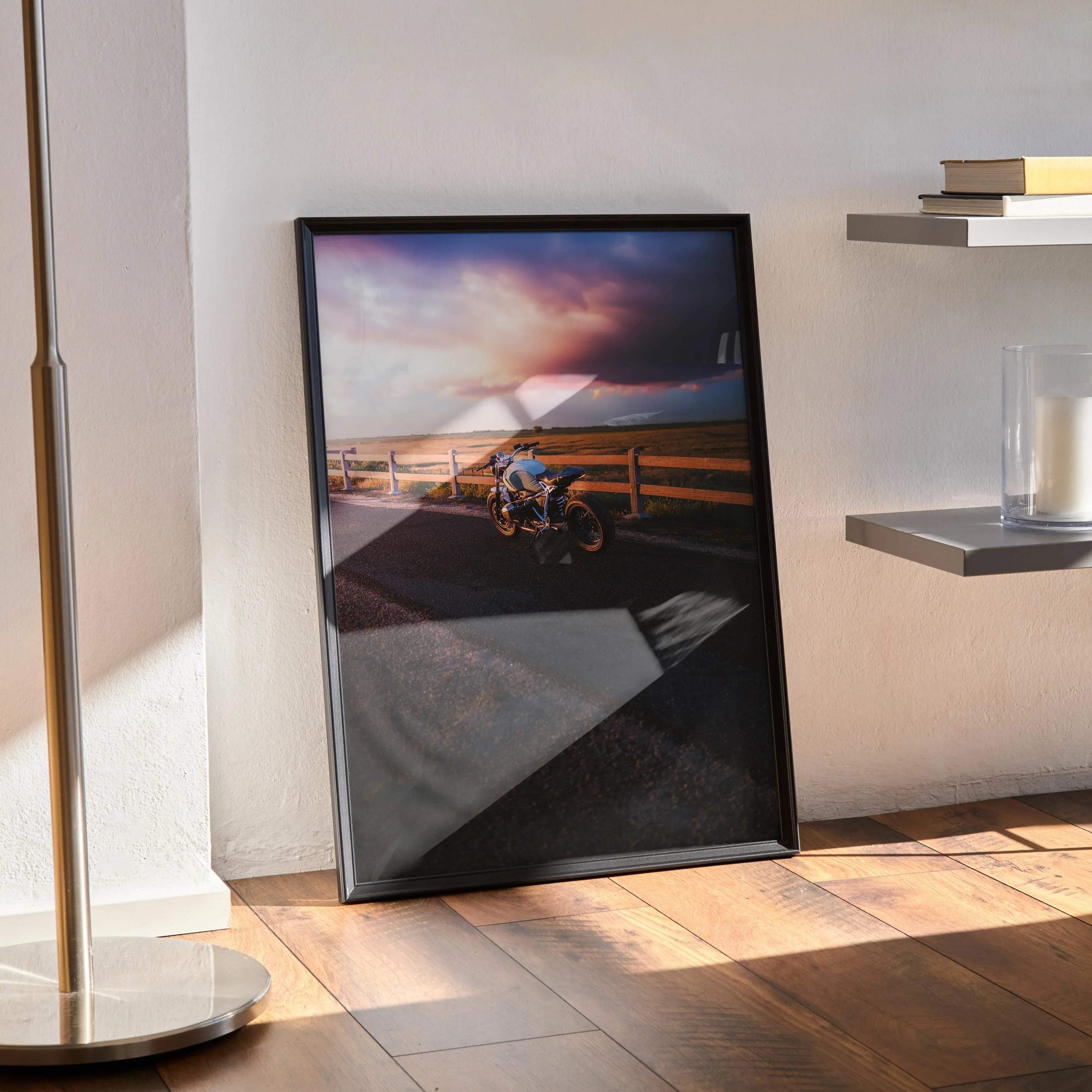 BMW R Nine T motorcycle poster with sunset sky, modern wall art in black frame.