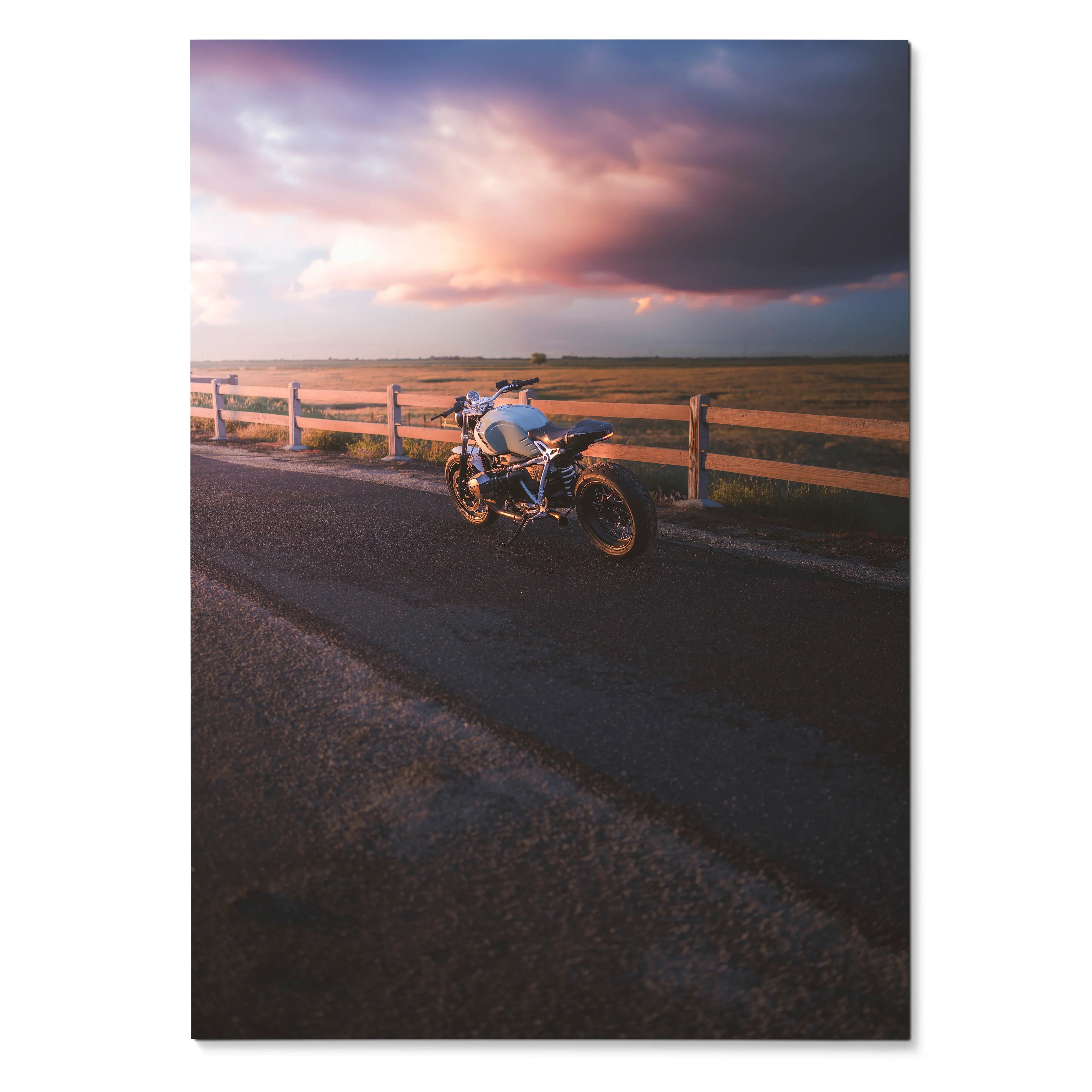 BMW R Nine T motorcycle parked by wooden fence at sunset poster wall art.