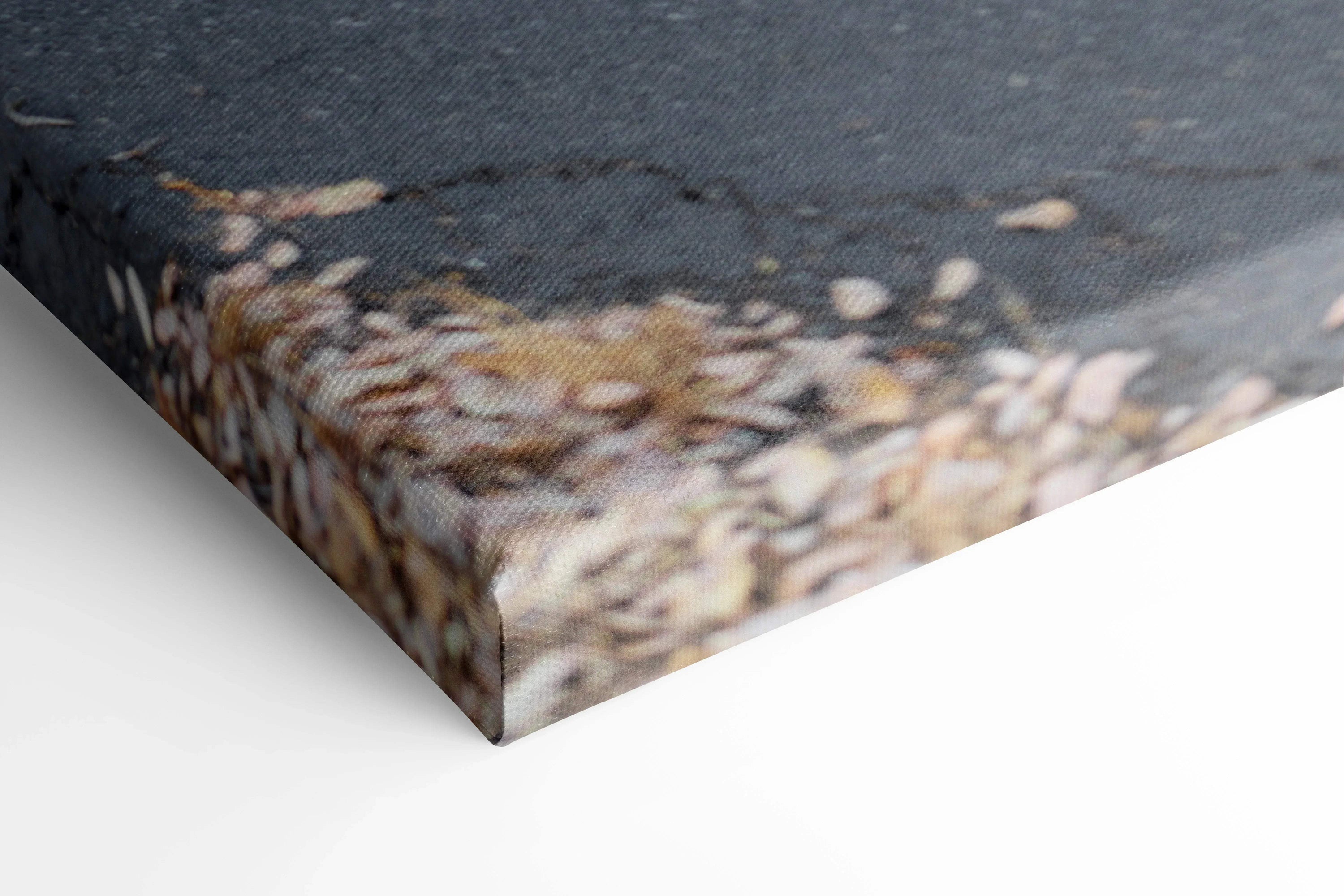 Close-up of BMW S1000RR motorcycle canvas print corner with sharp edge and textured wall art surface.