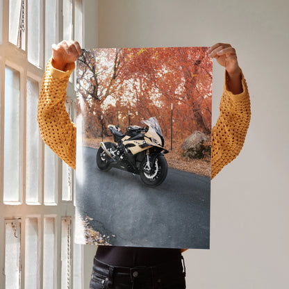 BMW S1000RR motorcycle poster with autumn forest background, black and white bike wall art.
