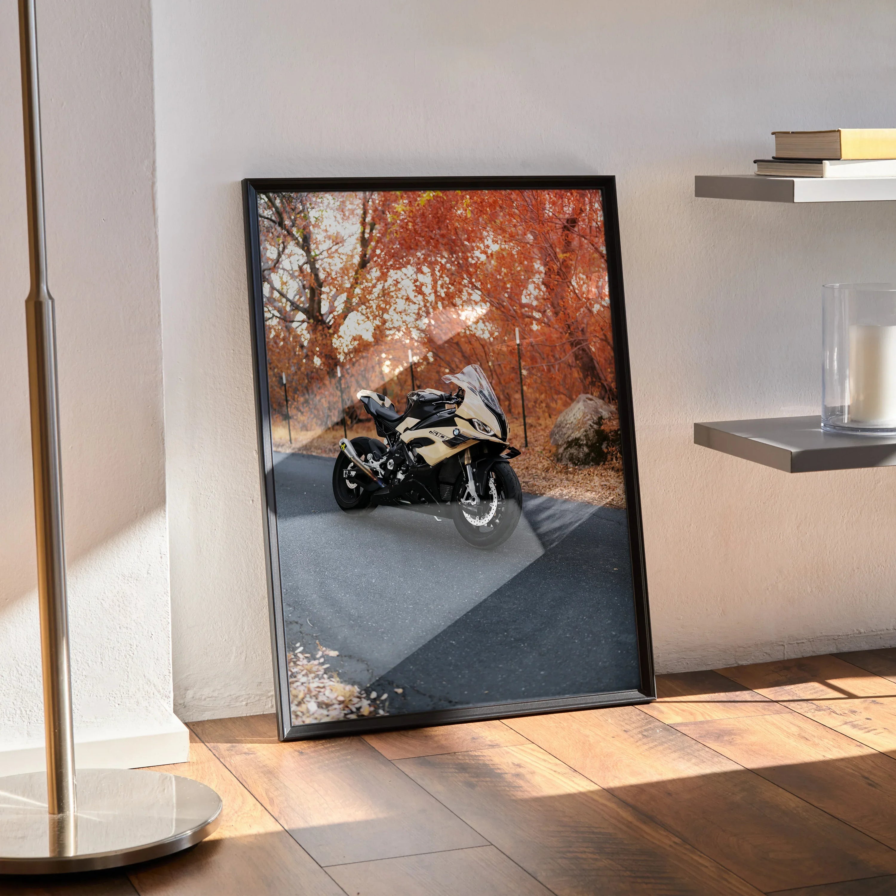 BMW S1000RR motorcycle poster with autumn forest background, modern black frame wall art.