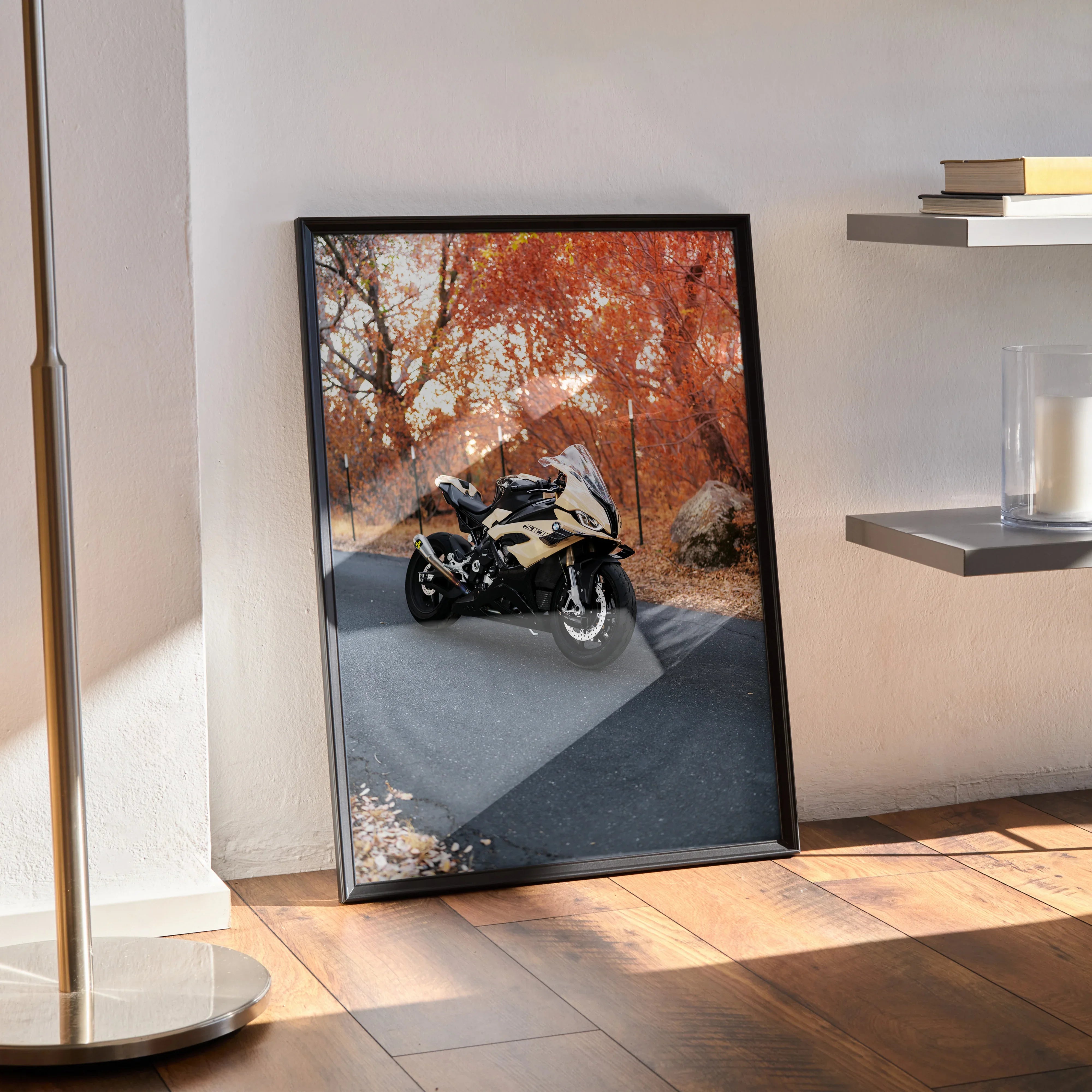 BMW S1000RR motorcycle poster with autumn forest background, modern black frame wall art.
