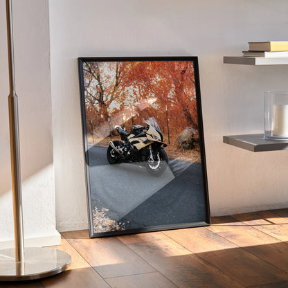BMW S1000RR motorcycle poster with autumn forest background, modern black frame wall art.