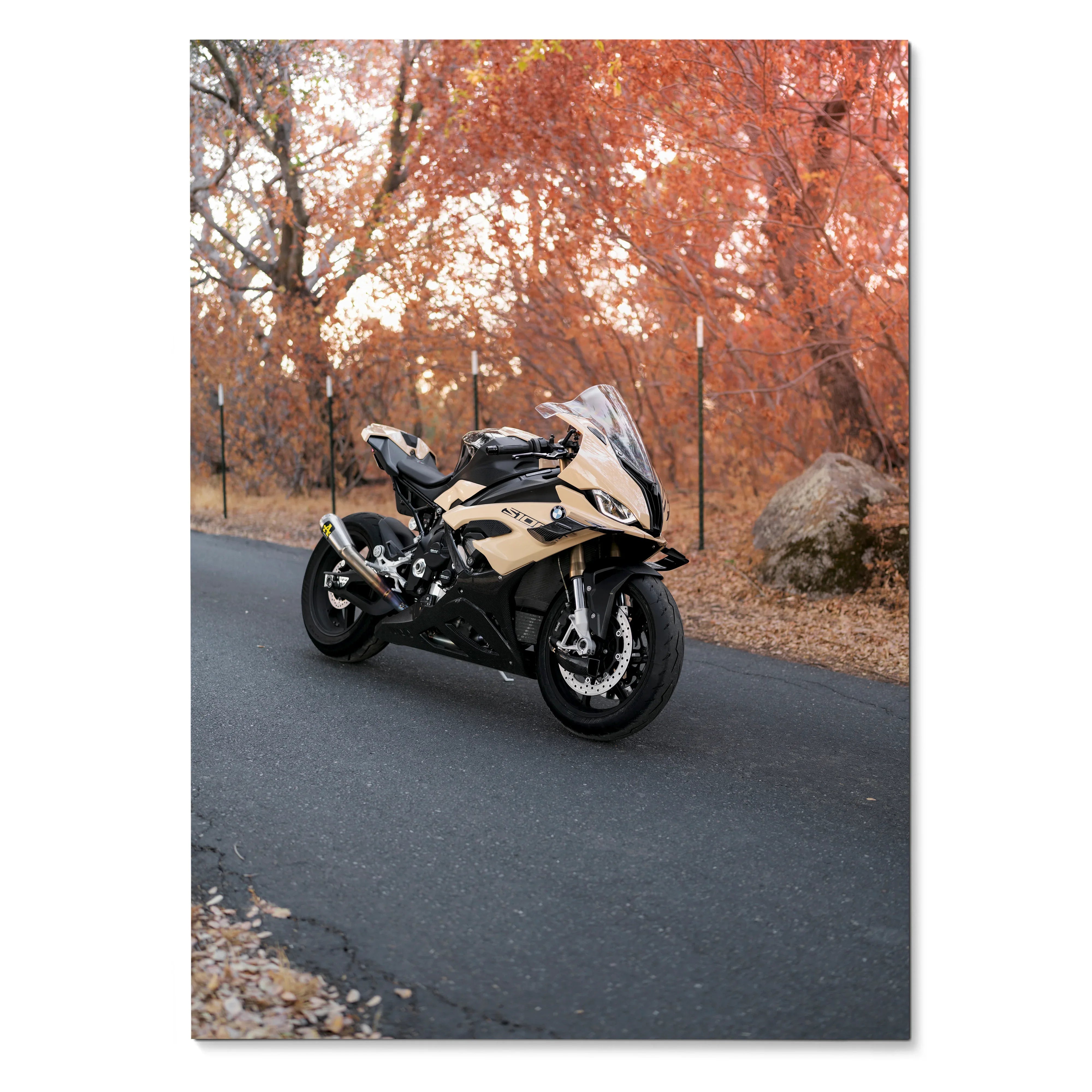 BMW S1000RR motorcycle parked on autumn road with orange foliage poster wall art.