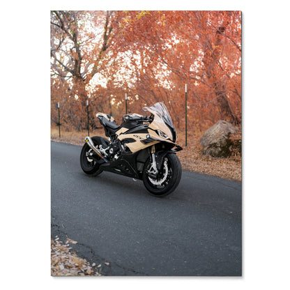 BMW S1000RR motorcycle parked on autumn road with orange foliage poster wall art.