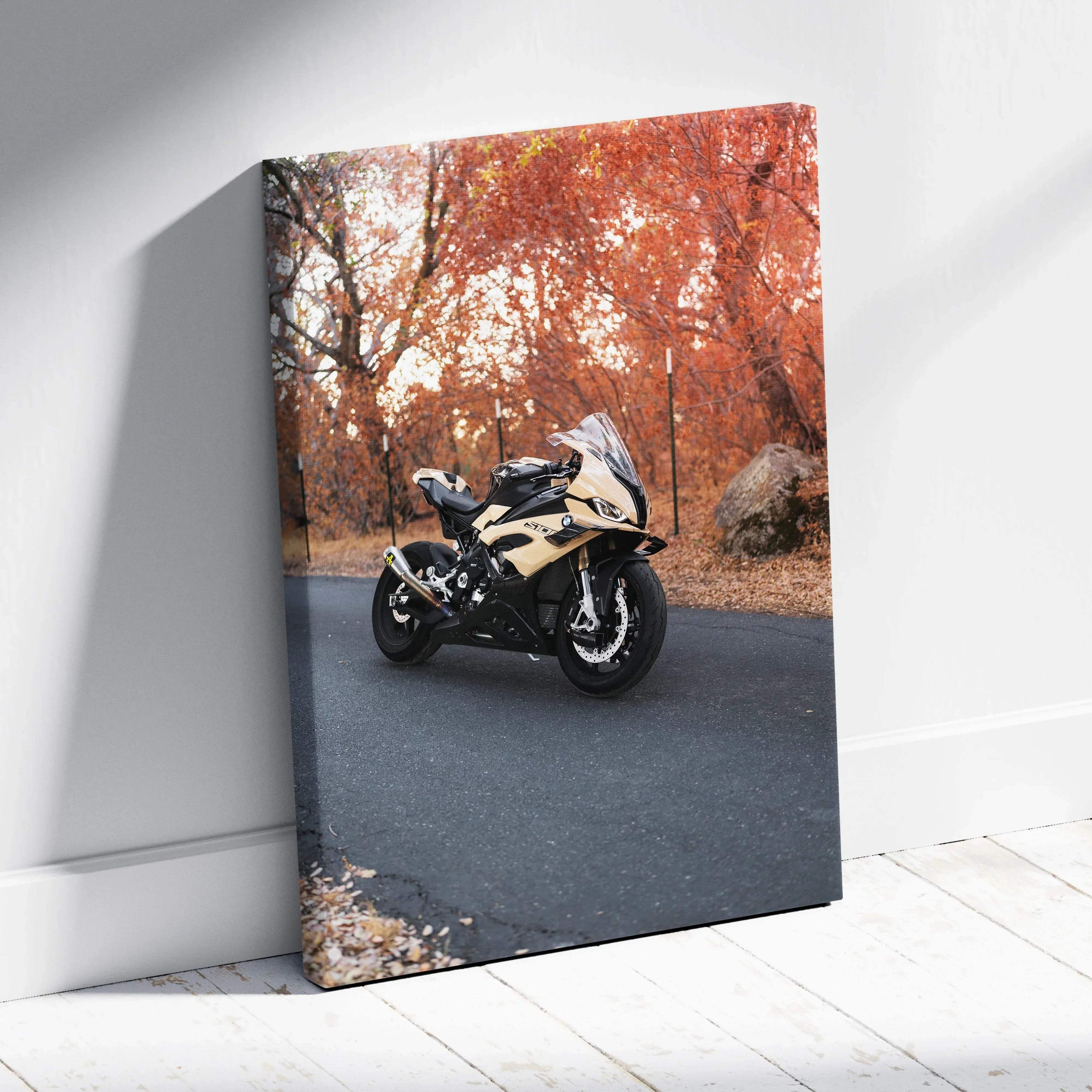 BMW S1000RR motorcycle canvas art with autumn trees background, vertical wall art print.