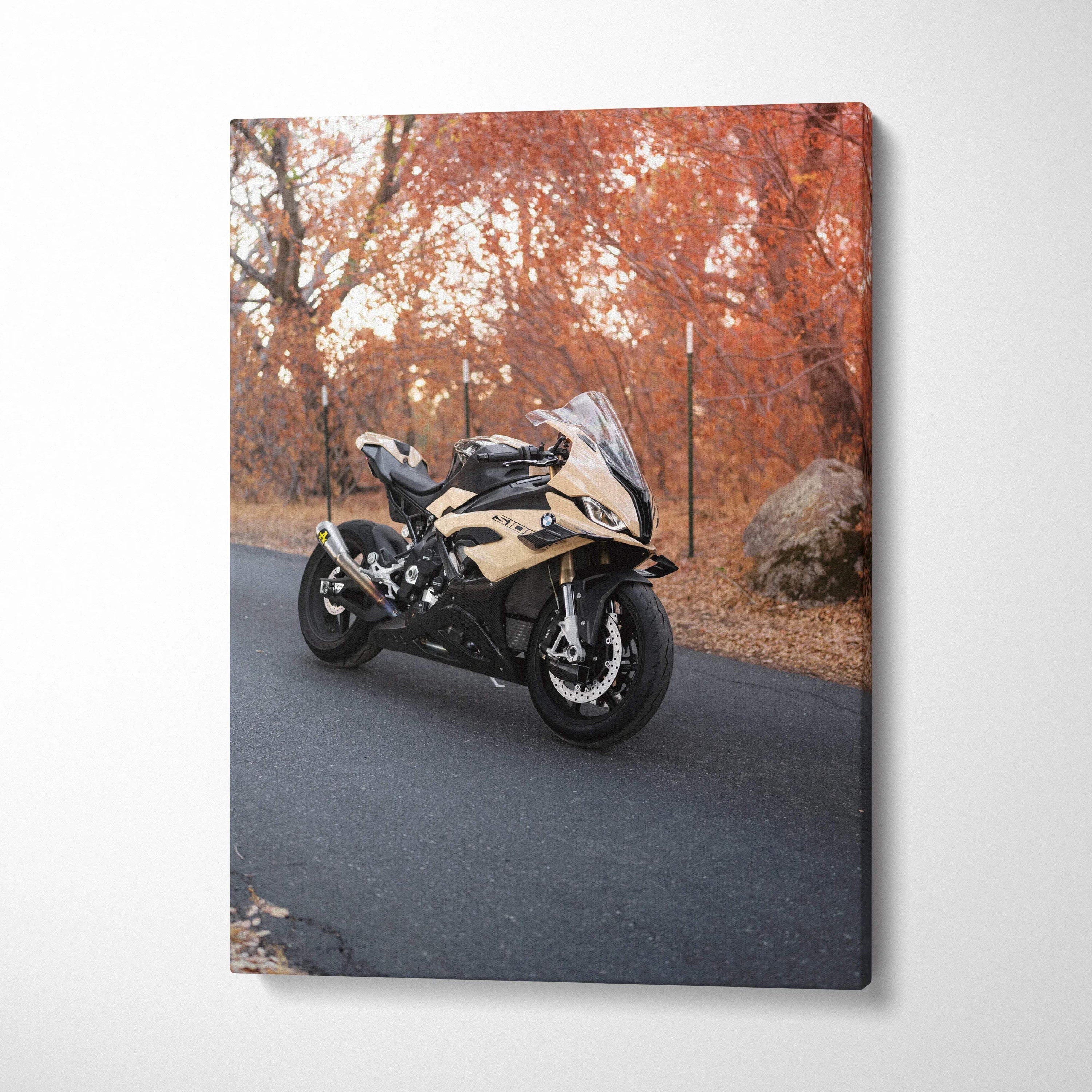 BMW S1000RR motorcycle canvas art with autumn forest background, wall art in warm tones.