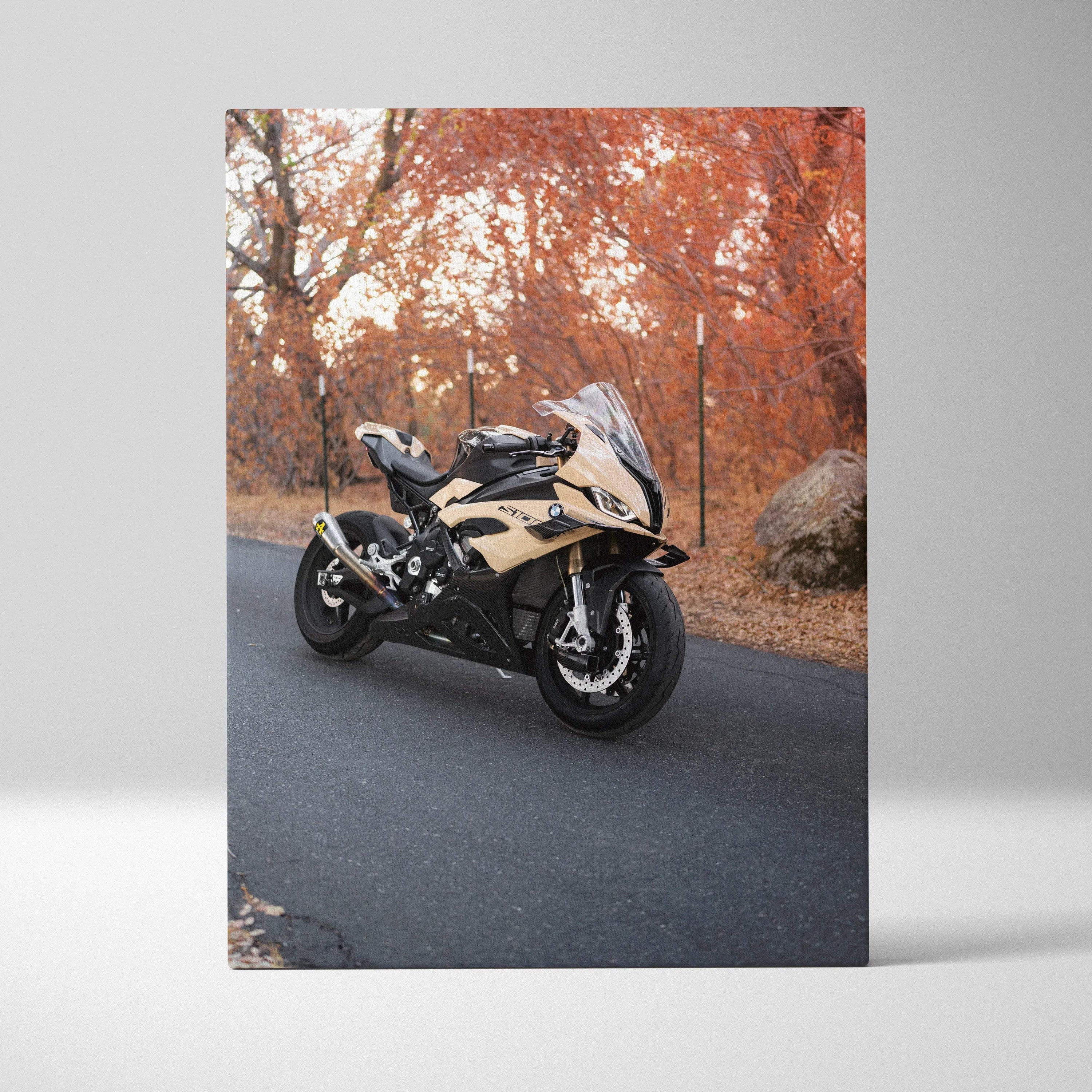 BMW S1000RR motorcycle canvas art with autumn leaves background vertical wall art.
