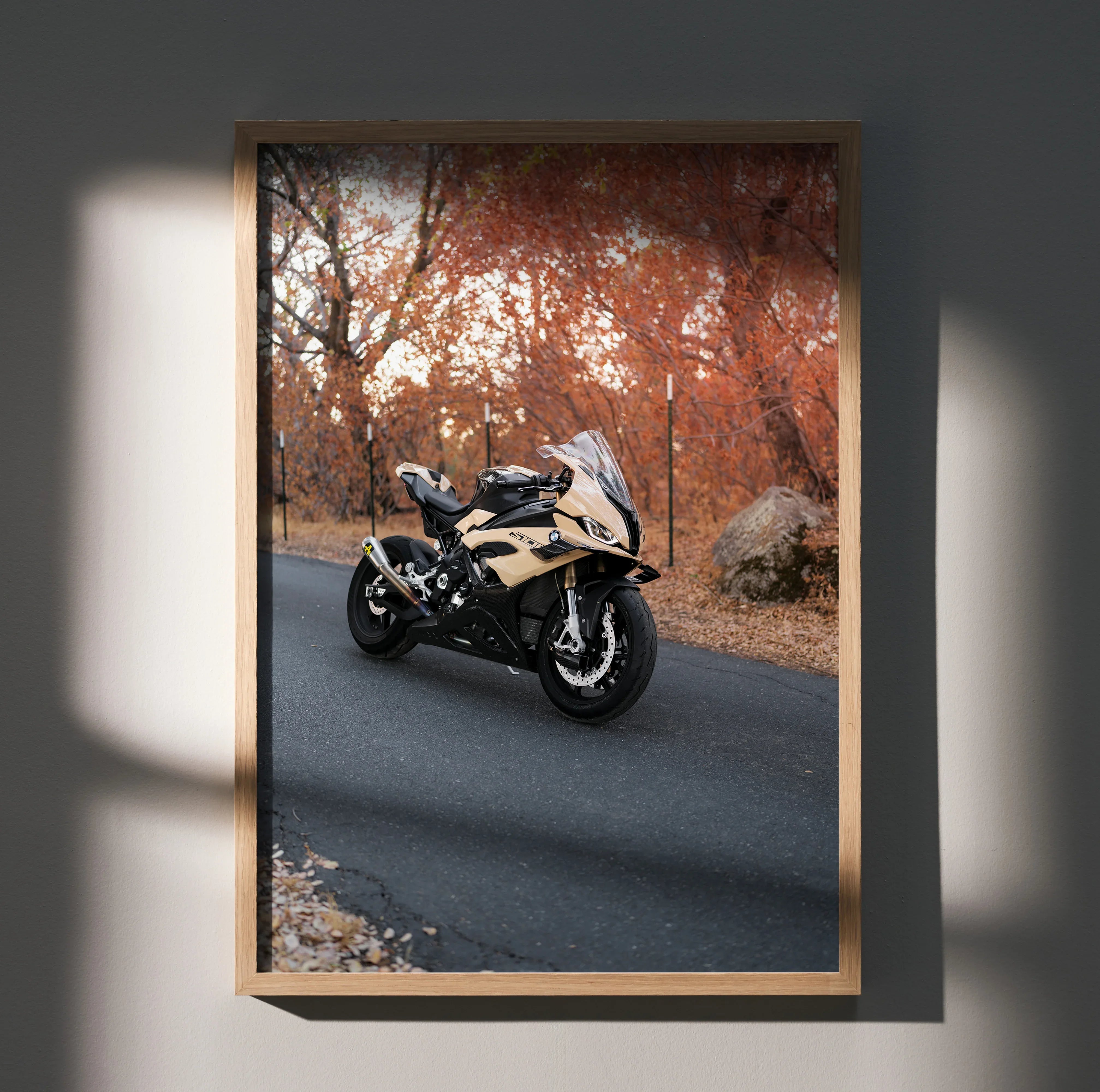 BMW S1000RR motorcycle poster with autumn forest background, wall art in wooden frame.