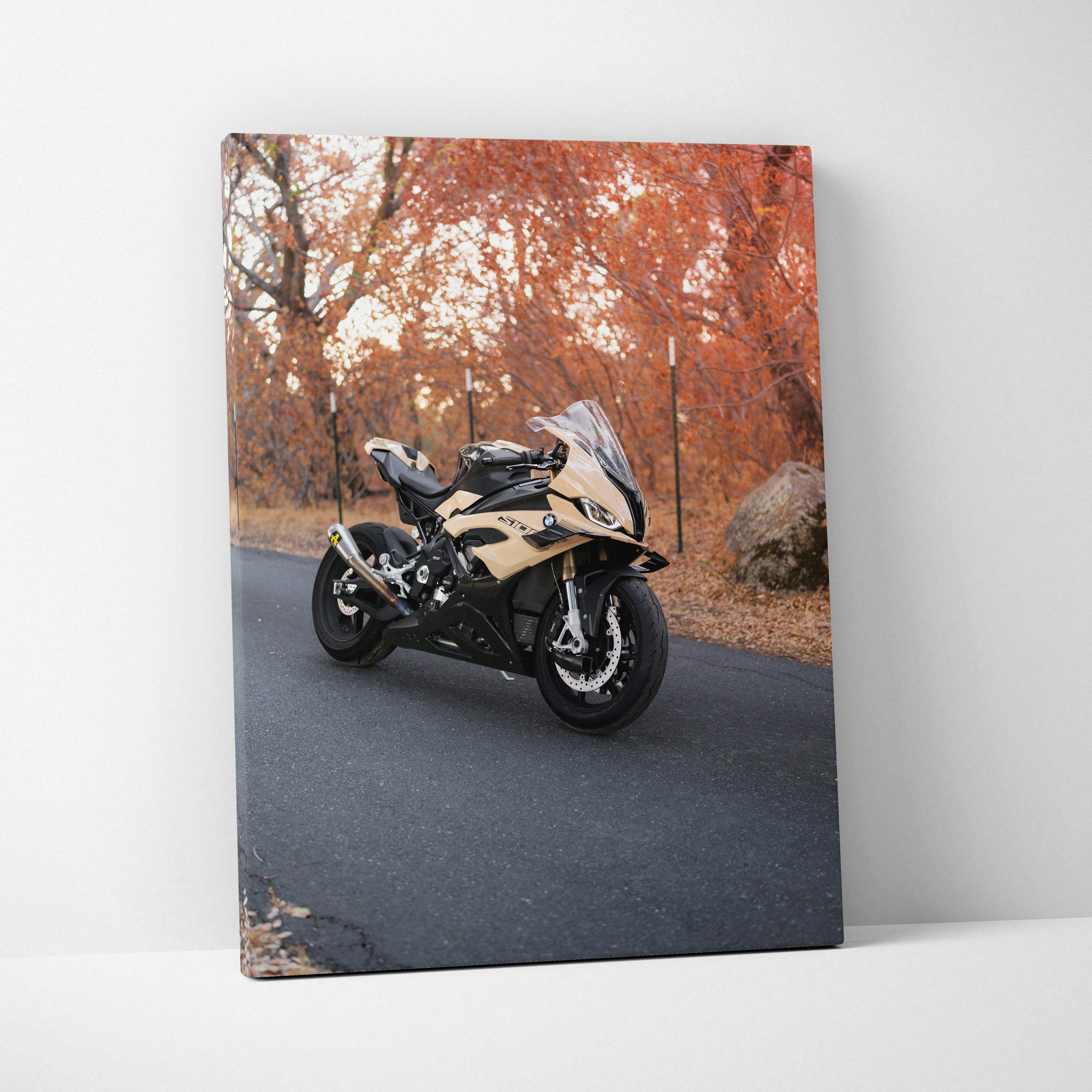BMW S1000RR motorcycle canvas art with autumn forest background, vertical wall art print.